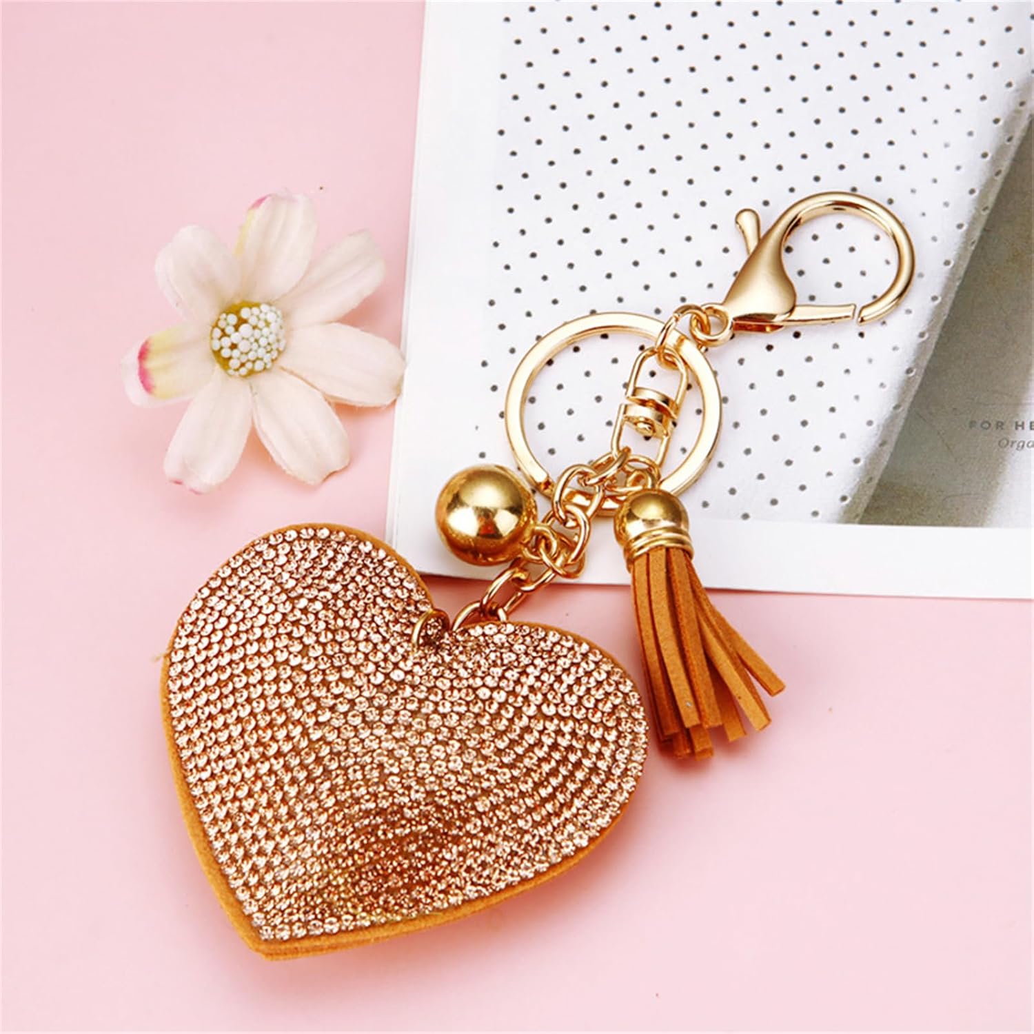 Dreuyet Rhinestone Heart Keychain for Women Leather Glitter Crystal Bling Heart Shape with Tassel Keychains for Bag Charm - Image 3