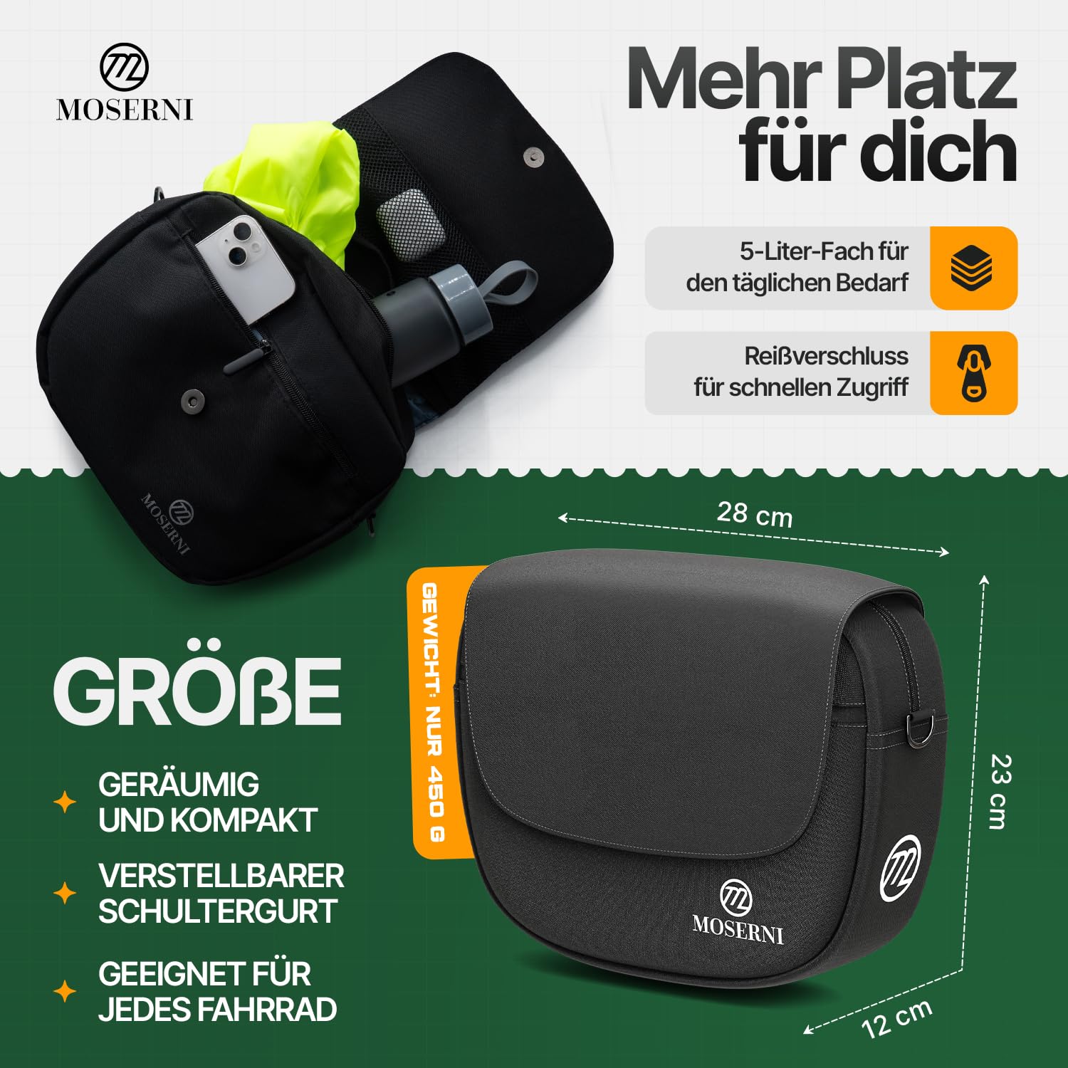 Lenkertasche Fahrad – KLICKfix® kompatibel | 5L Volumen | Spritzwassergeschützt & robust | Inkl. Regenhaube | Ideal für E-Bike, Rennrad & Citybike (Schwarz)