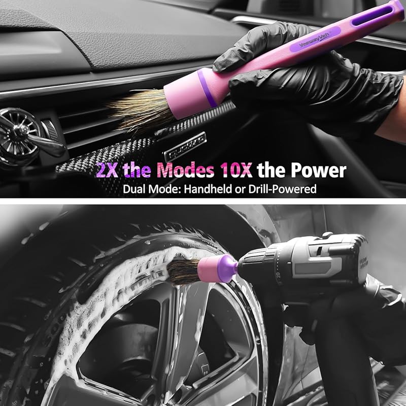 3Pcs Car Detailing Drill Brush Set with Drill Brush Attachment Head, 1P Ultra Soft No Scratch Car Drill Brush for Air Vent Leather Seat, 1P Boars Hair & 1P Detailing Brushes for Interior Exterior,Pink