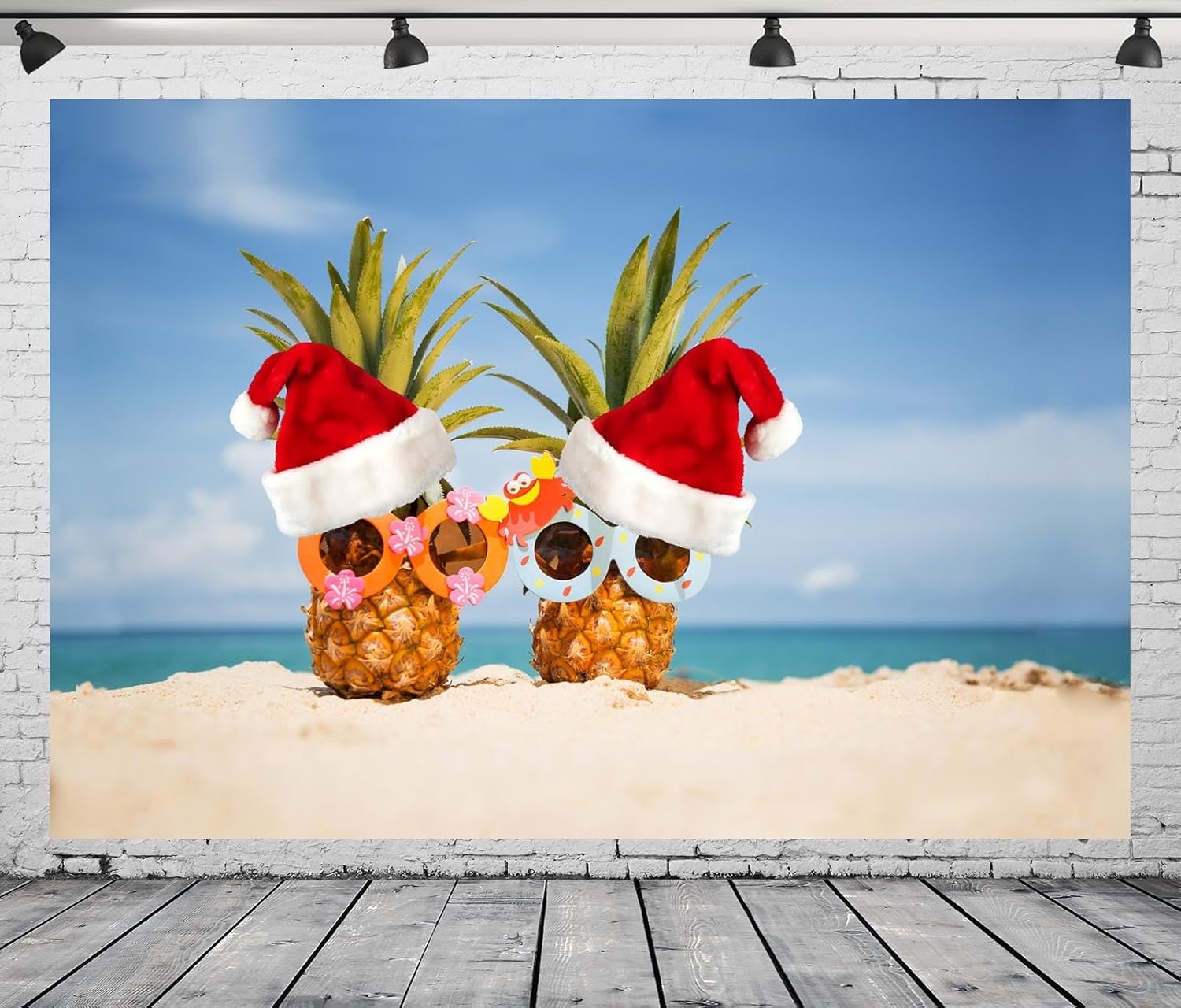 CORFOTO Fabric 10x6.5ft Summer Tropical Beach Pineapples Wearing Christmas Hat Backdrop Christmas Holiday Party Decorations for Christmas in July Party Decorations Banner Christmas Photo Booth