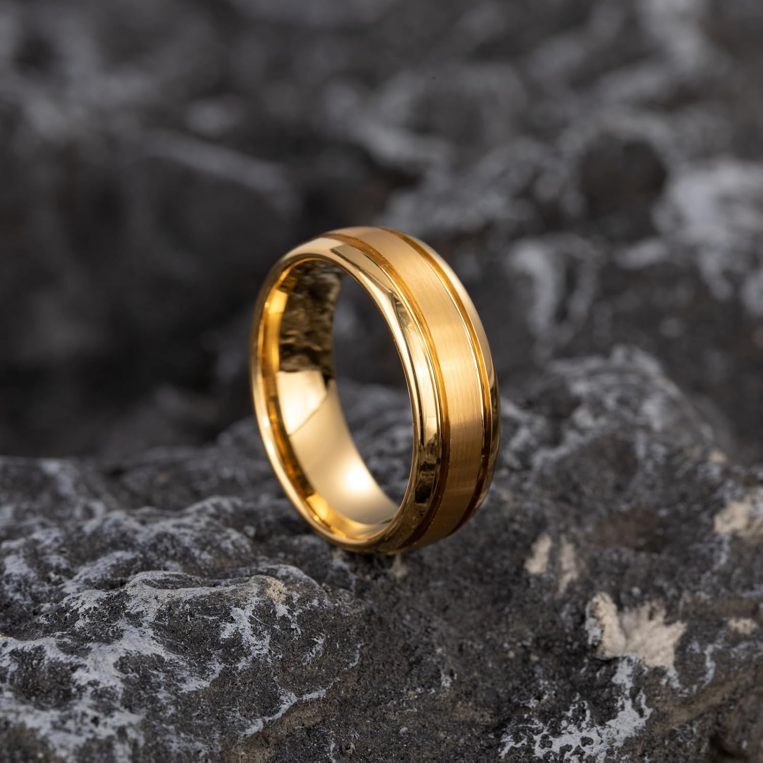 Vakki Gold Tungsten Rings for Men 8mm Double Grooved Wedding Band Brushed Center Polished Edge Domed Size 7-12 - Image 3