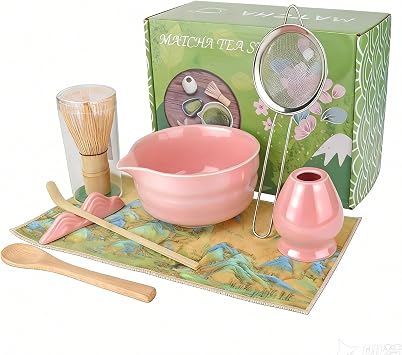 8PCS Matcha Whisk Set, Ceramic Matcha Set Includes Matcha Bowl, Bamboo Whisk& Holder, Scoop, Scoop Rest, Spoon, Sifter and Tea Towel, Matcha Kit Covers All Needed for Making Matcha Pink
