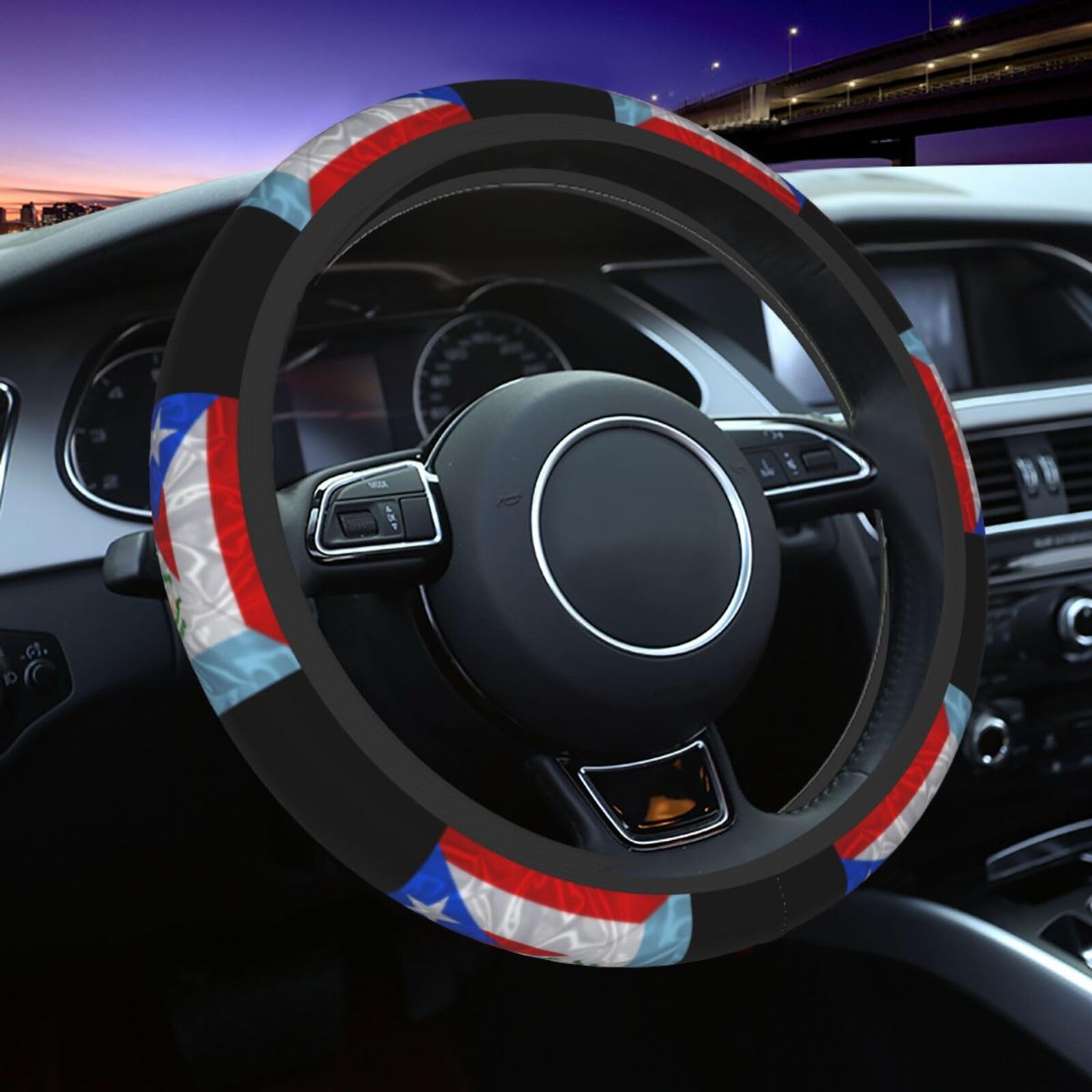 Porto Rico and Guatemala Guatemalan Triangle Flag Car Steering Wheel Cover Elastic Non Slip Vehicle Steering Wheel Protector 15 Inch for Men Women