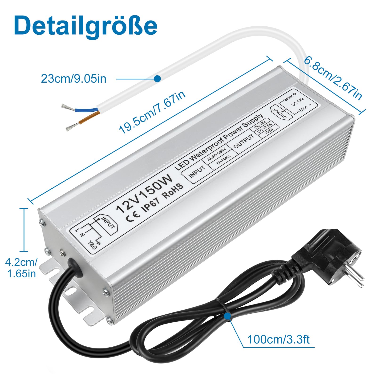 inShareplus Transformador LED 12 V 12,5 A 150 W IP67 impermeable para exteriores, CA 90-265 V a DC 12 V, transformador de bajo voltaje, fuente de alimentación de 12 V para luz LED, proyecto de