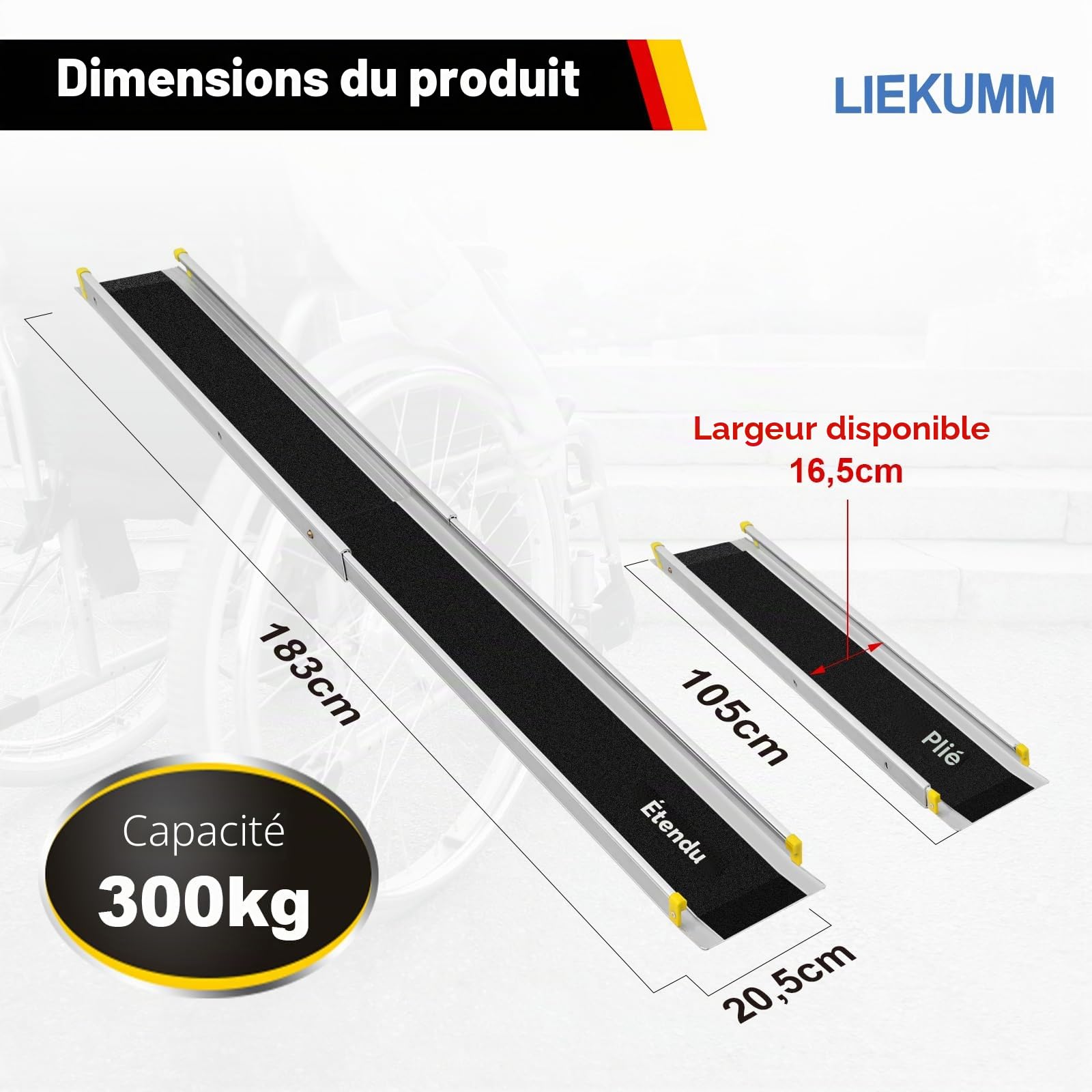 LIEKUMM Rampe télescopique pour fauteuils roulants de 105 à 183 cm, capacité de charge de 300 kg, rampe télescopique pour seuils de porte, fauteuils roulants électriques, vélos, 3 longueurs