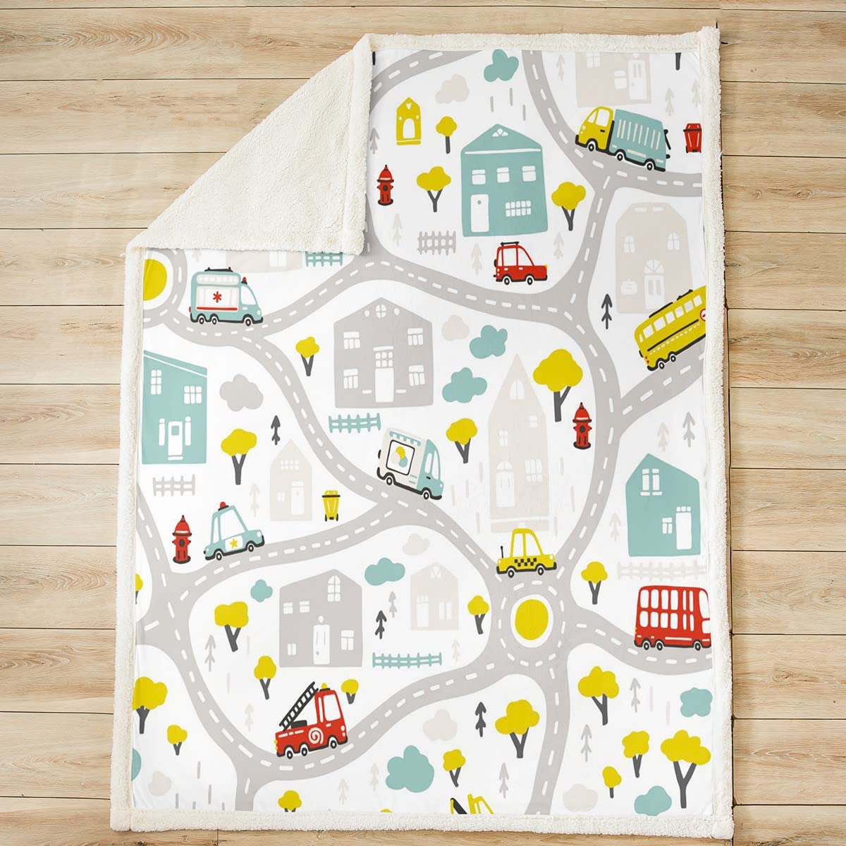Coperta per bambini in pile Sherpa per strada, per letto, divano, polizia, auto, camion dei pompieri, coperta fuzzy veicolo, coperta in peluche da regina 200 x 200 cm