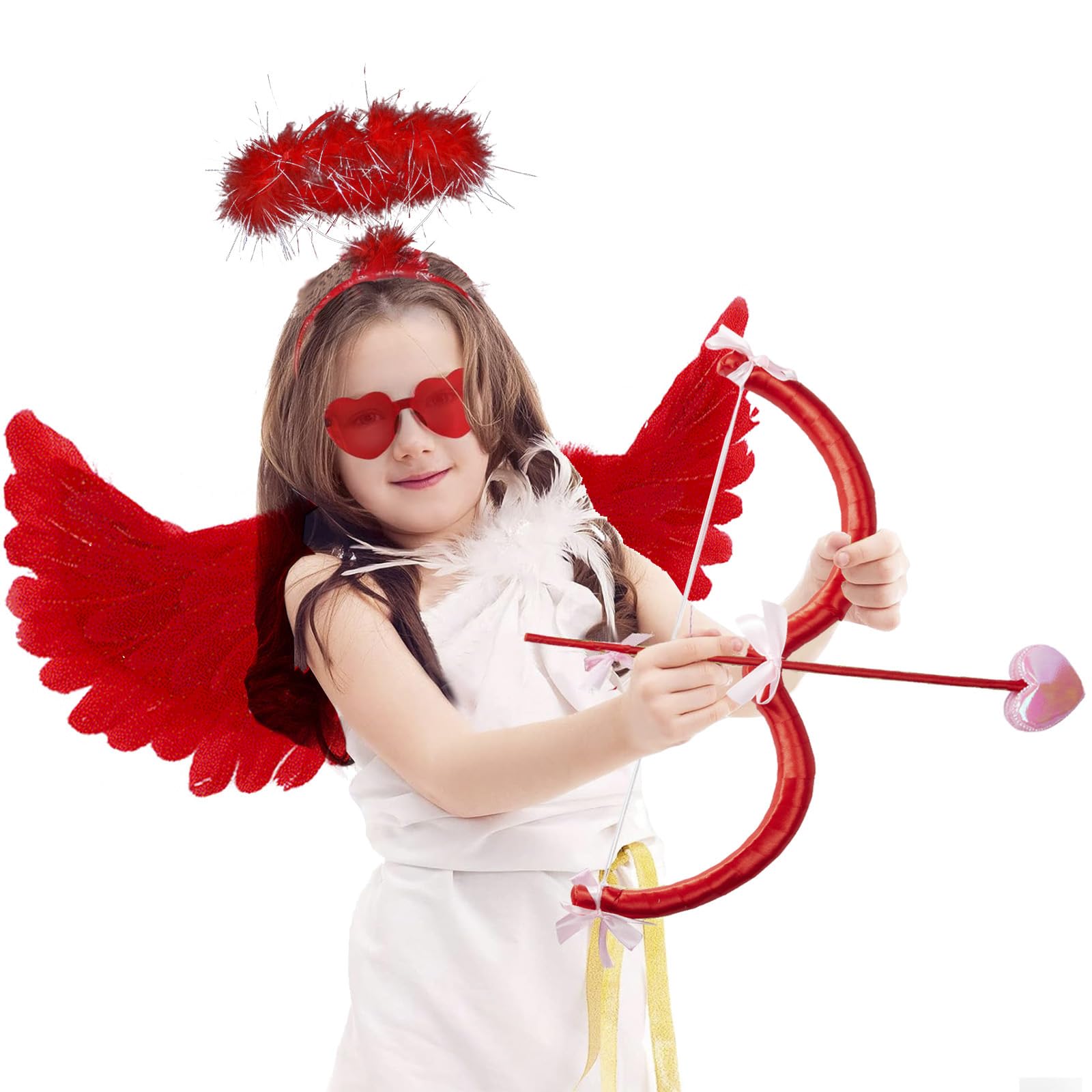 Jwqqwdza 4 Pcs Set of Angel Wings Costume for Valentine's Day, Angel Wings Cupid Bow Heart Glasses Headband Set, Angel Costume Prop (Red, 32