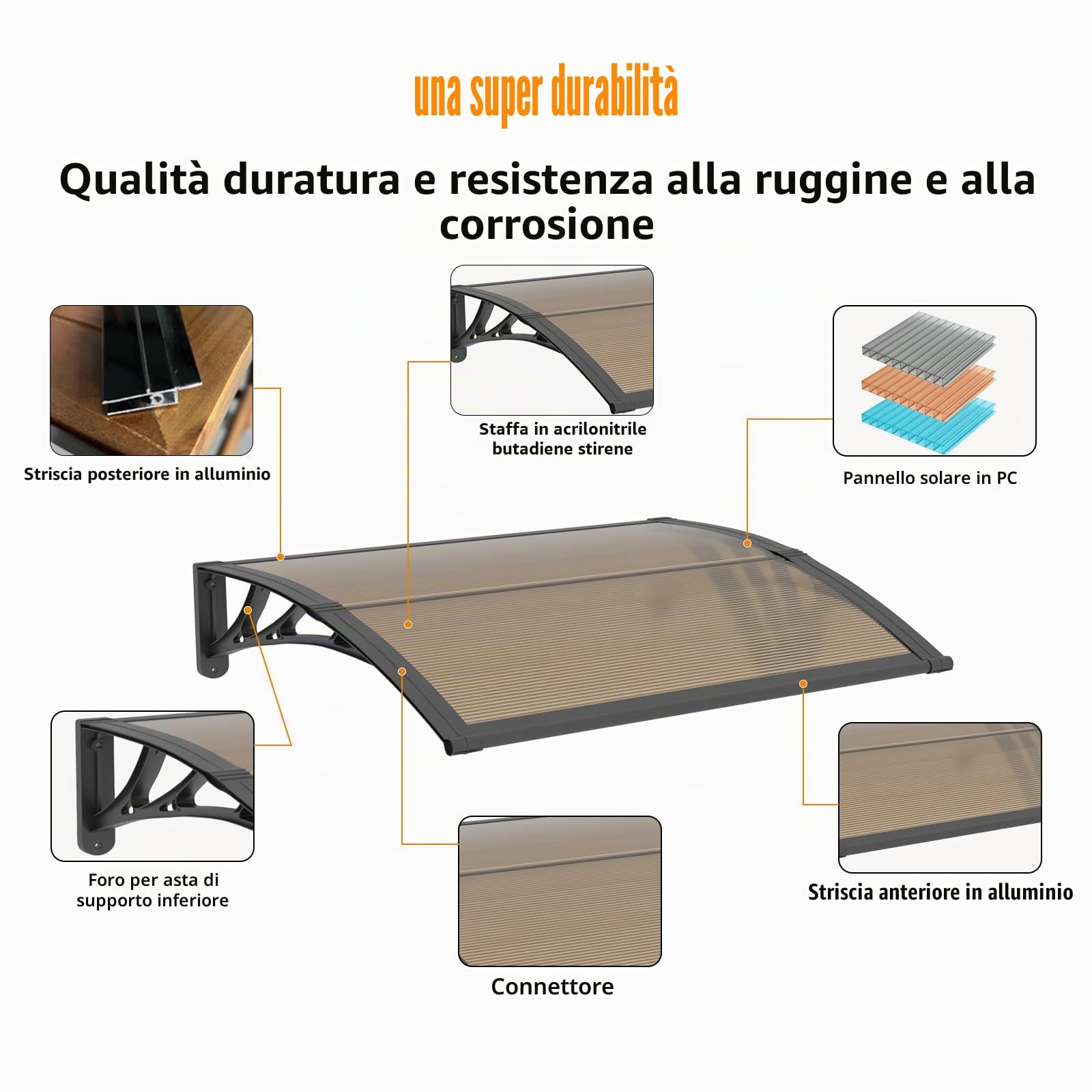 Pensilina da Esterno, 150x80 cm Tettoia per Finestre in Policarbonato - Protezione UV, Pioggia, Neve e Sole per Patio, Giardino e Portico