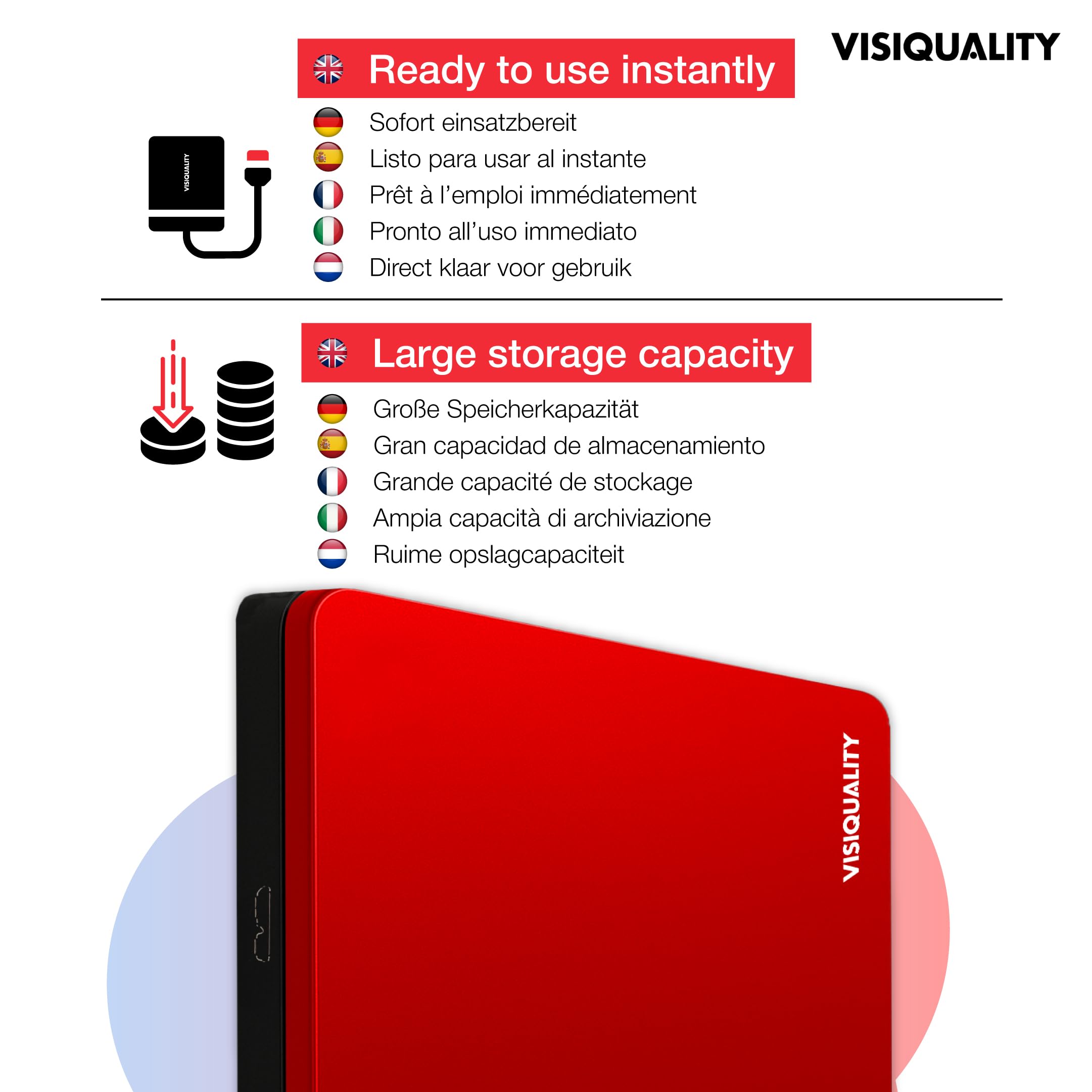 Schnelle Externe Festplatte, 1 TB, HDD, USB 3.0/C, kompatibel mit Plug & Play, Rot