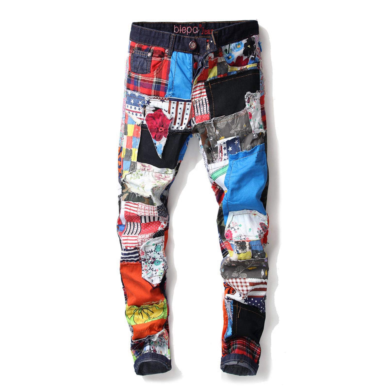 WQZYY&ASDCD Jeans Pantalon Herren Patchwork Zerrissene Bestickte Stretch-Jeans Trendy Holes Straight Denim-Hose