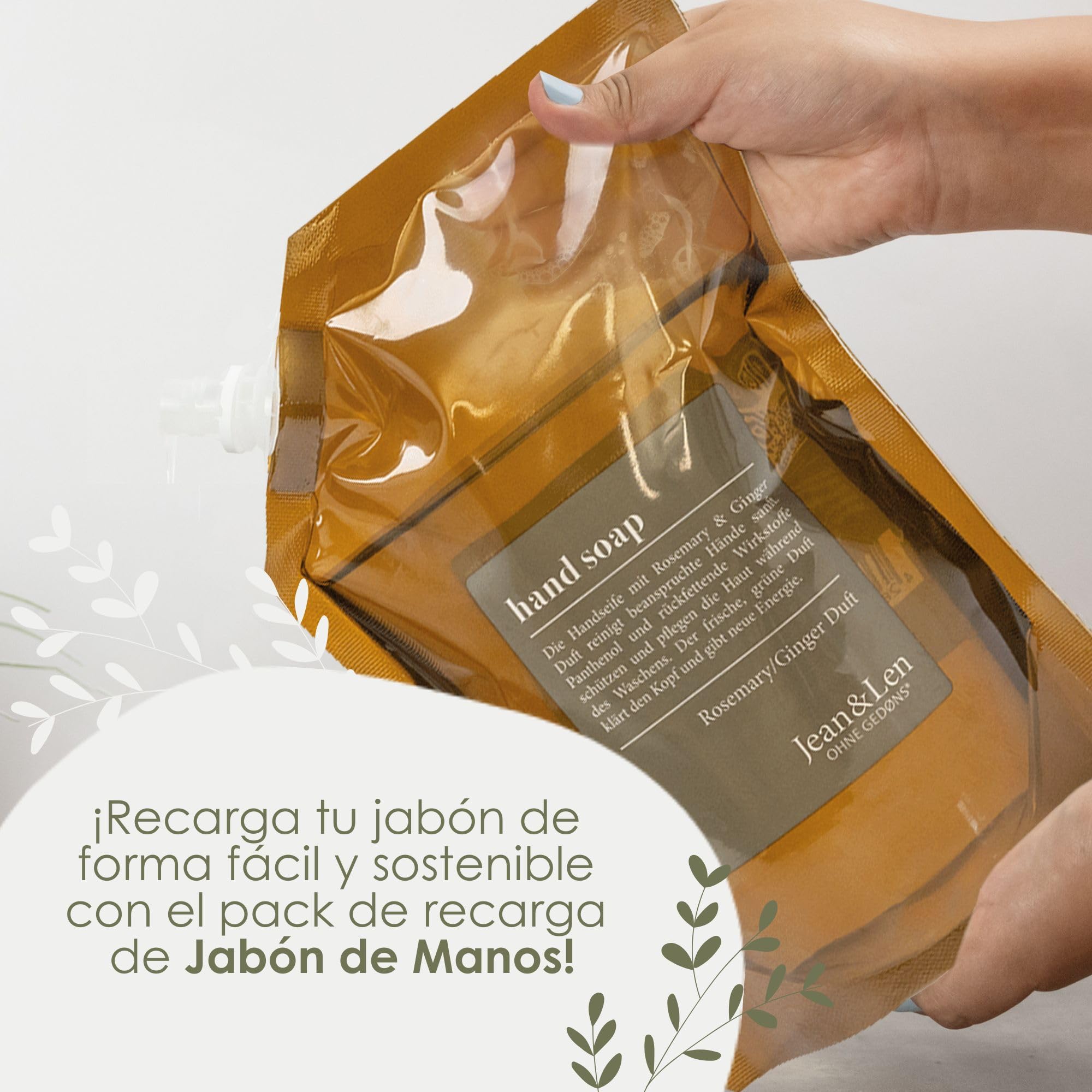 Jean & Len Jabón de manos Rosemary & Ginger 6 x 250 ml dosificador recargable sin parabenos