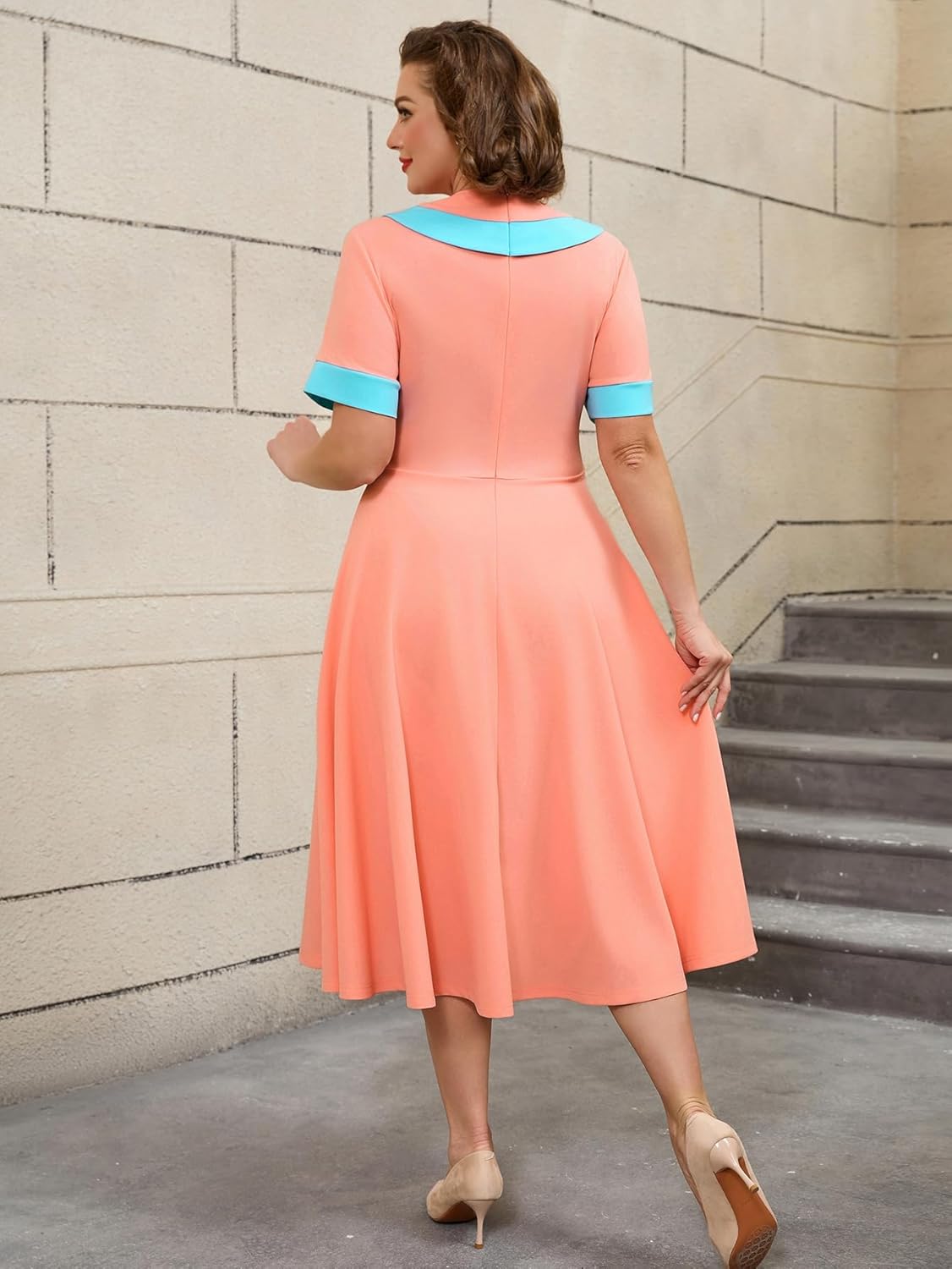 Elegant Womens Summer Dresses Vintage Plus Size Color Block Short Sleeve Ruffle A Line Dress - Image 5