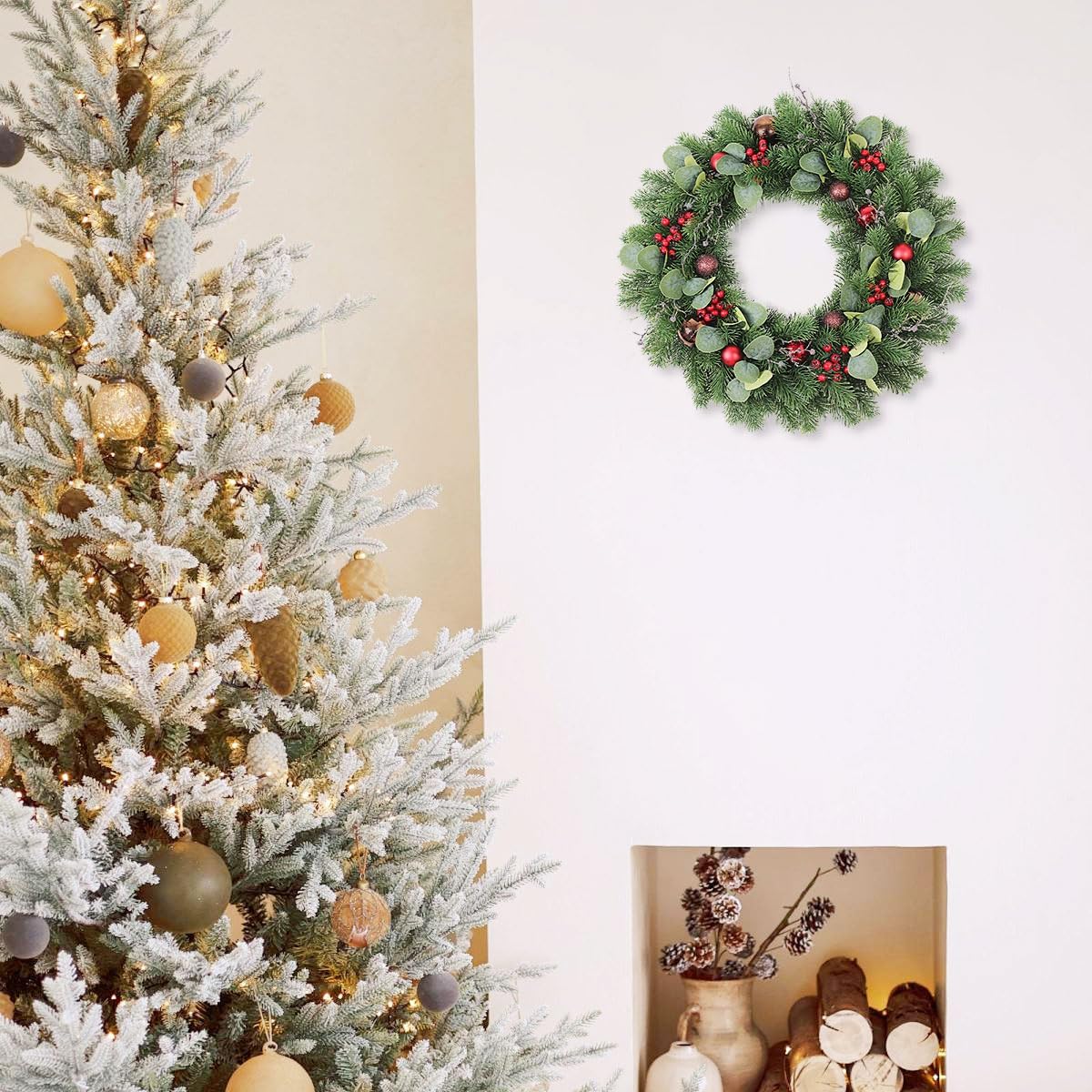 Christmas Wreath for Front Door 24-Inch, Christmas Door Wreath with Red Berries, Green Pine Branches, Eucalyptus Leaves and Ornaments, Winter Wreath Outdoor Christmas Decorations (Red)