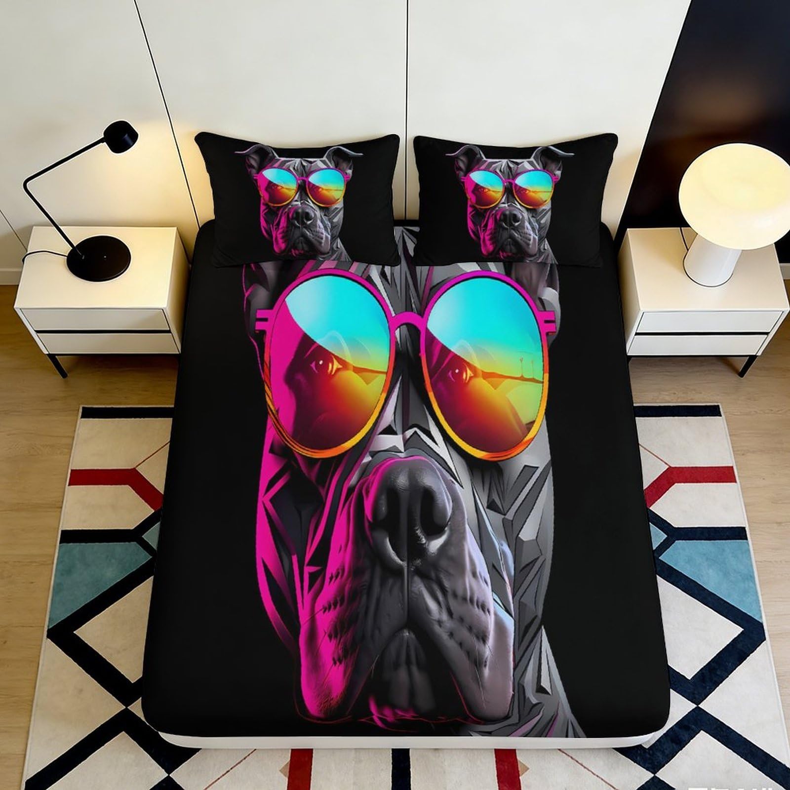 3D Printed Cool Dog Sunglasses Fitted Sheet Microfiber Soft Breathable Neon Pet Pattern Bed Cover for Bedroom Dormitory Guest Room Mattress Protection 160x200x25cm