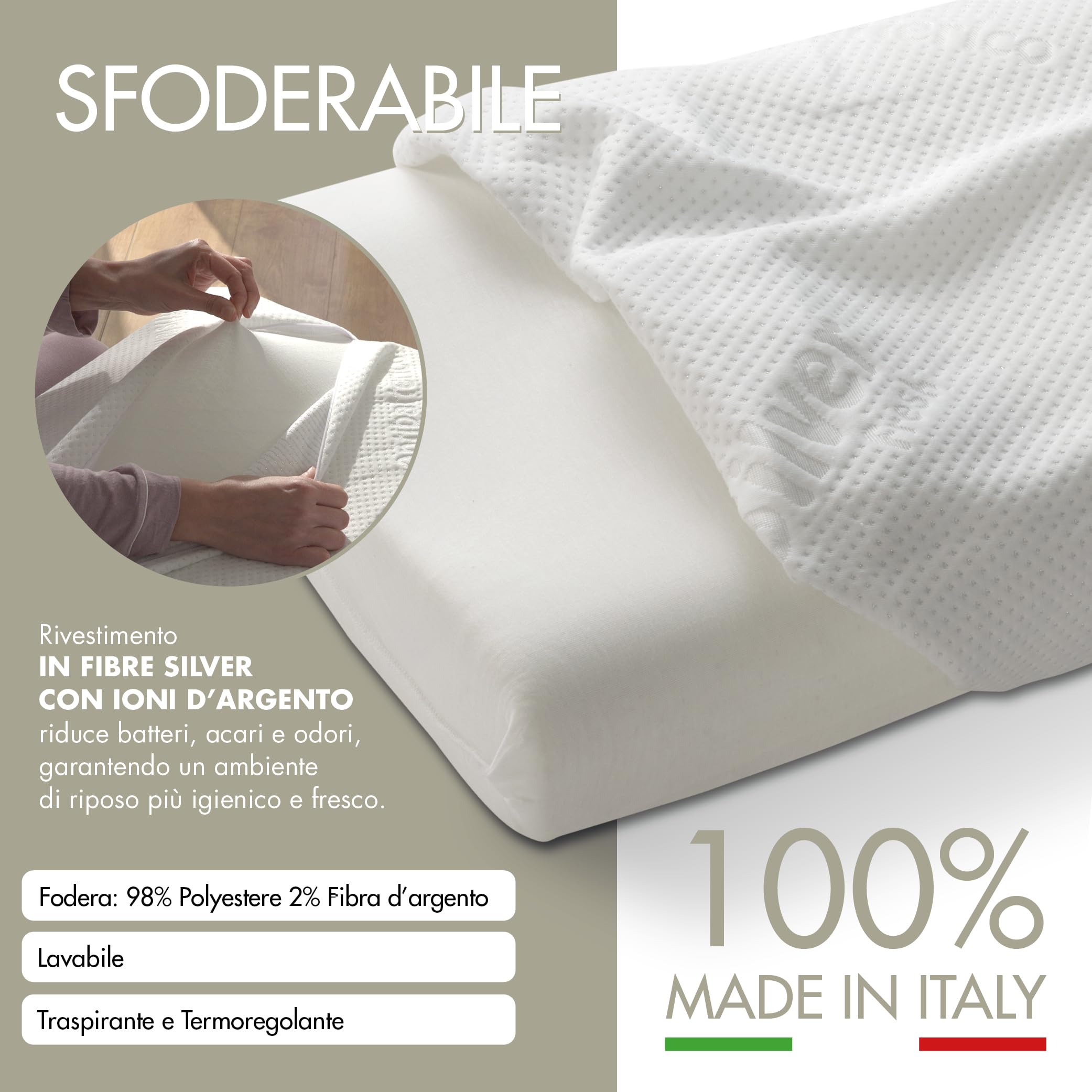EMTEX Cuscino Cervicale Anallergico Memory Foam Sfoderabile Guanciale Silver Antibatterico Antiacaro Supporto Anatomico Made in Italy.