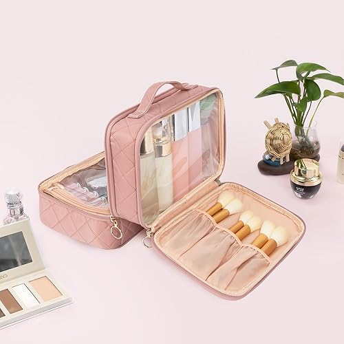 Miniatura 7 de OCHEAL Bolsa de maquillaje, bolsa de cosméticos de doble capa, estuche transparente de gran capacidad para cosméticos para mujeres, artículos