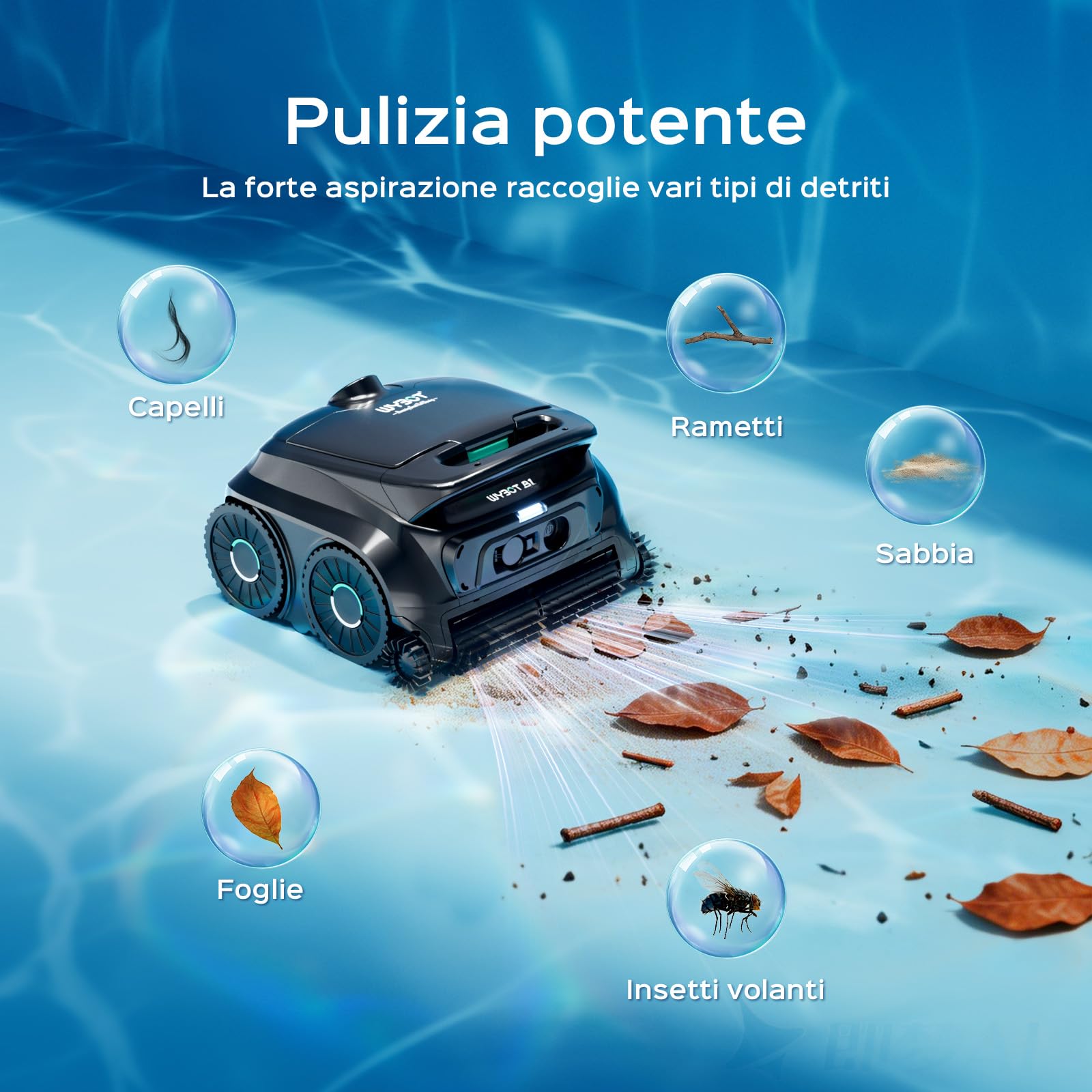 (Upgrade 2026) WYBOT B1 Robot Piscina Senza Fili Pareti e Fondo, Robot di Pulizia Intelligente, Autonomia 120 Min, con App, Due Spazzole Laterali, per Piscine Fuori Terra e Interrate Nero | Robot da piscina senza fili