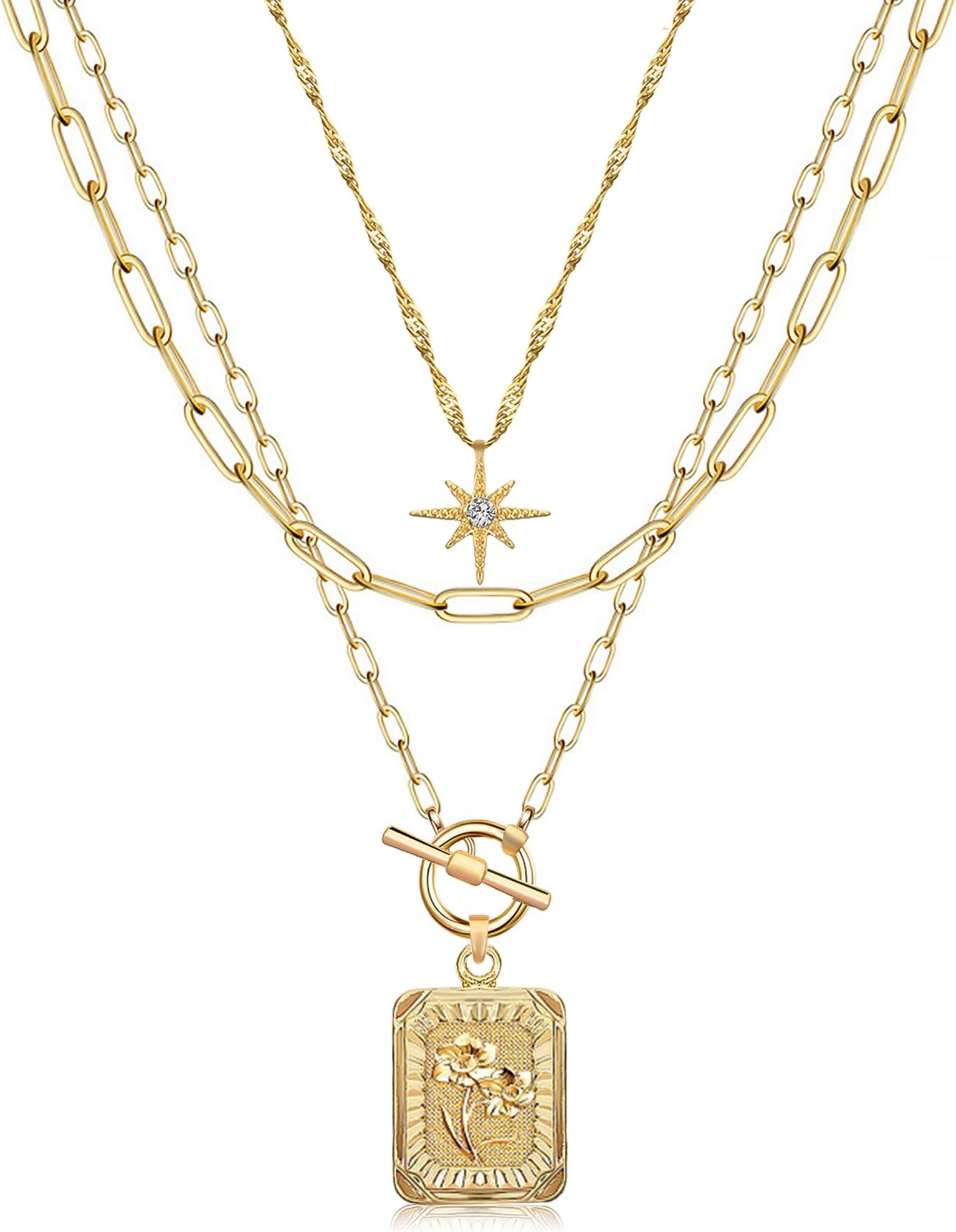 Layered Necklaces for Women Trendy, 14K Gold Plated Brass Simple Star Choker Square Birth Flower Necklace, Paperclip Chain Necklaces Jewelry Gifts