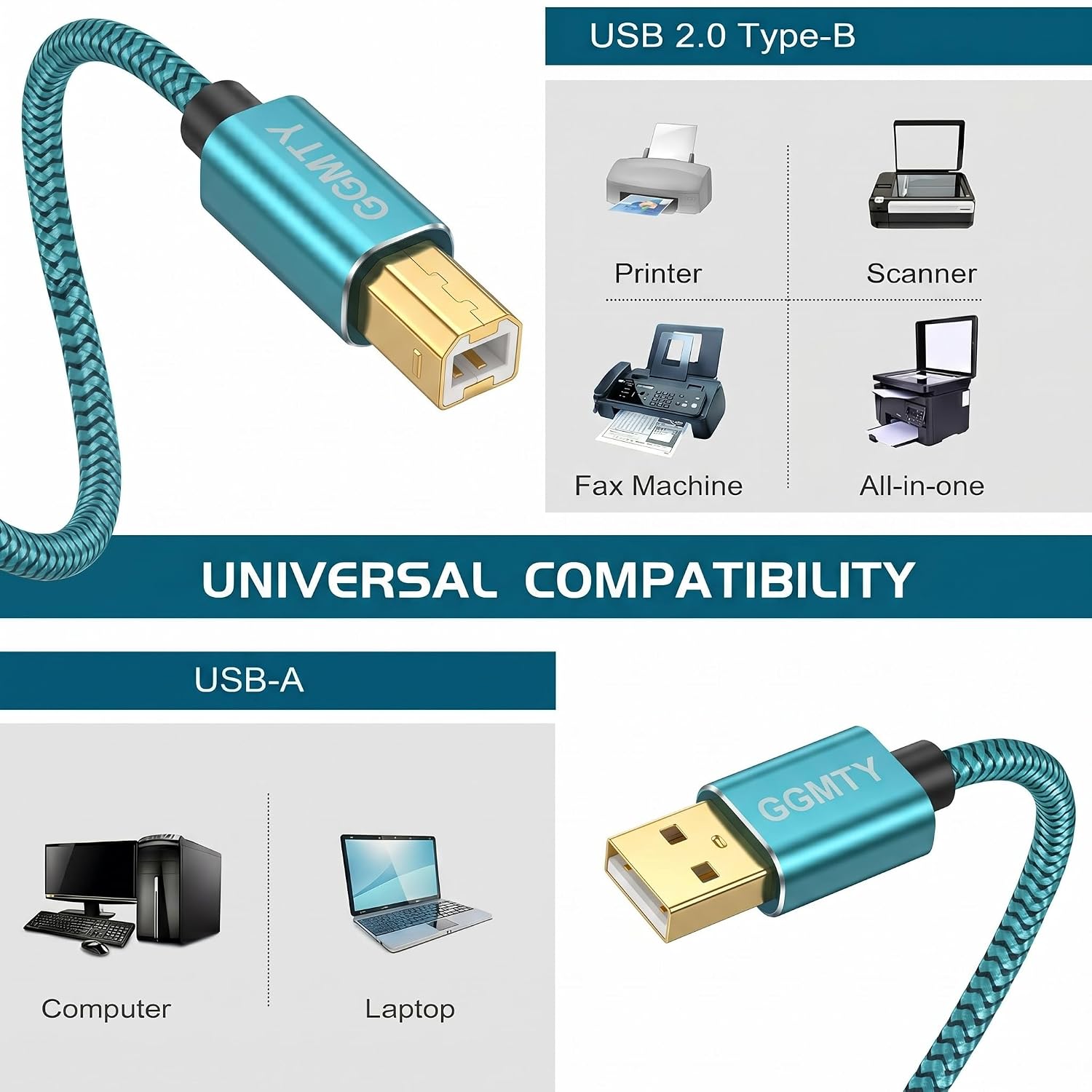 6ft USB Printer Cable, Nylon Braided USB 2.0 Type A to B Male Cord with Gold-Plated Connectors, High Speed Data Transfer Scanner Wire for HP, Canon, Epson, Brother, Midi Keyboard & DAC (Blue)