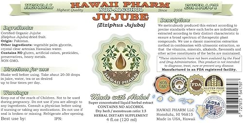 Miniatura 2 de Extracto líquido sin alcohol de azufaifo, azufaifo (Ziziphus Jujuba) Frutas secas Glicerita Hawaii Pharm Suplemento herbario natural 4 onzas