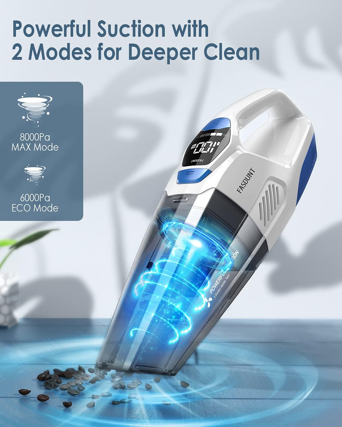 FASDUNT Handheld Vacuum, 8000Pa Powerful Hand Vacuum Cordless Rechargeable Wet Dry Hand Held Vacuuming with LCD Display, 2-3h Quick Charging, ECO & MAX Modes and Storage Rack for Home, Car，Office -