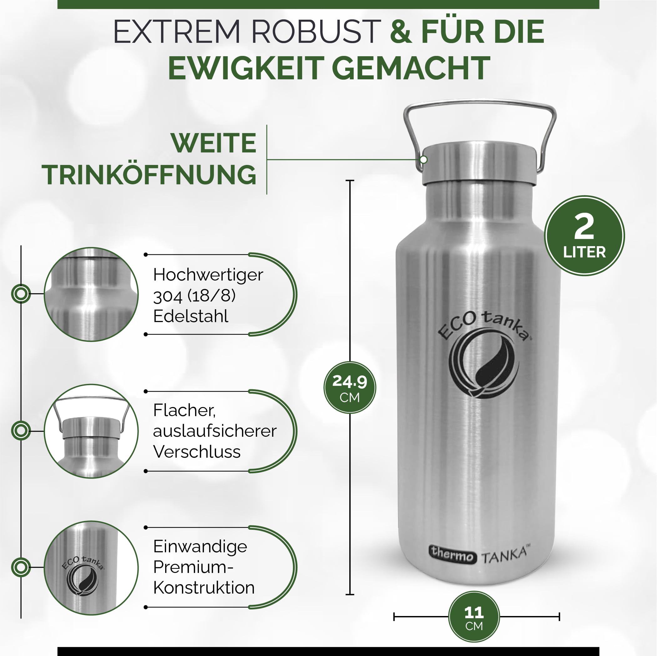 ECOtanka thermoTANKA™ 2L Trinkflasche Edelstahl – Doppelwandige 2L Thermo-Trinkflasche | Wasserflasche 2 Liter, vakuumisoliert, hält >8 Std. heiß/kalt | Thermo für Freizeit & Sport