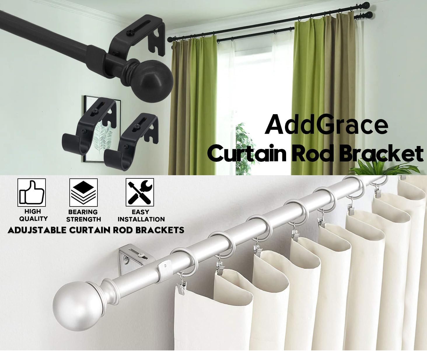 Premium Curtain Rod Brackets, Adjustable Brackets for Curtain Rods - for 7/8 or 1 Inch Rods, Set of 2, Iron Construction,White