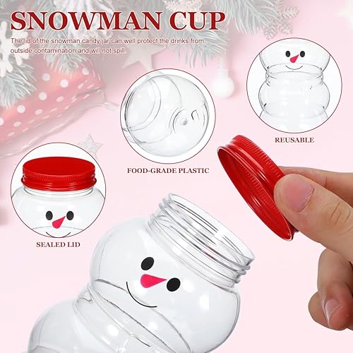 Miniatura 2 de PRETYZOOM 10 juegos de botellas de jugo de muñeco de nieve con tapa, tarro de plástico transparente de Navidad con bufandas de punto, sombreros