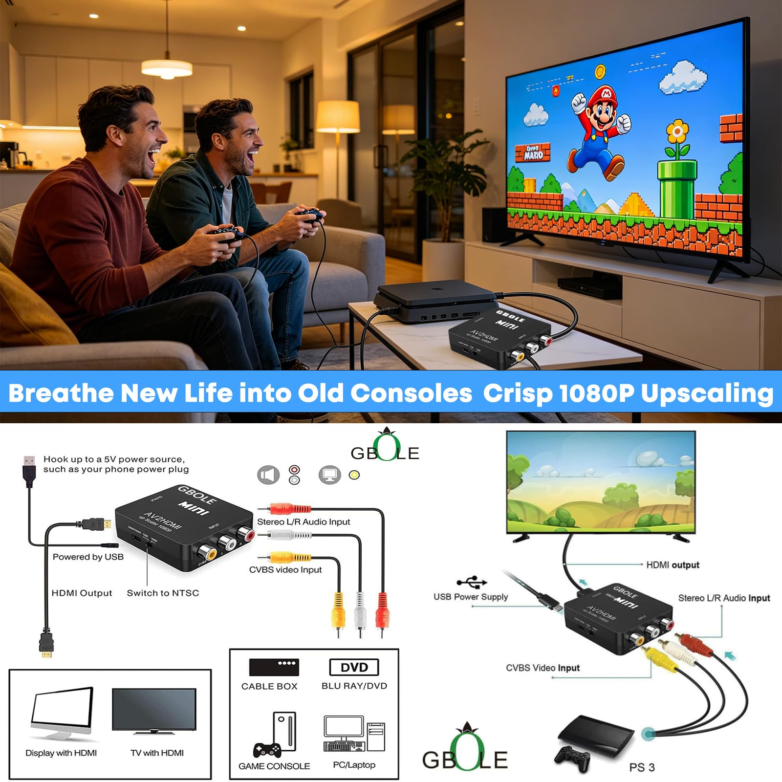 Konwerter RCA na HDMI AV na HDMI 1080P Mini RCA Composite CVBS AV na HDMI Video Audio Converter Adapter obsługujący PAL NTSC z kablem USB do ładowania do PC Laptop Xbox PS4 PS3 VHS VCR DVD TV