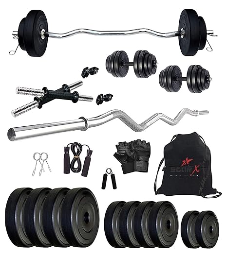 STAR X PVC 20kg Home Gym Combo | Fitness Set | Gym Set with 3Ft Curl, Dumbbells & Plates | Combo Pack with Gym Gloves, rod, Handgrip, Plates, Bag and other Gym Accessories - Set of 1