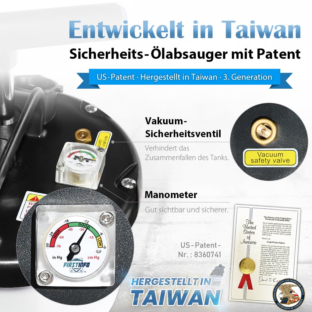 FIRSTINFO A1108EUY5 Patented Taiwan 3. Generation 9 L Hergestellt in Taiwan | Ölabsaugpumpe pneumatisch & manuell, patentiert, mit Manometer, 130 cm Schlauch, 5 Leitungen inkl. extra dünner Schlauch
