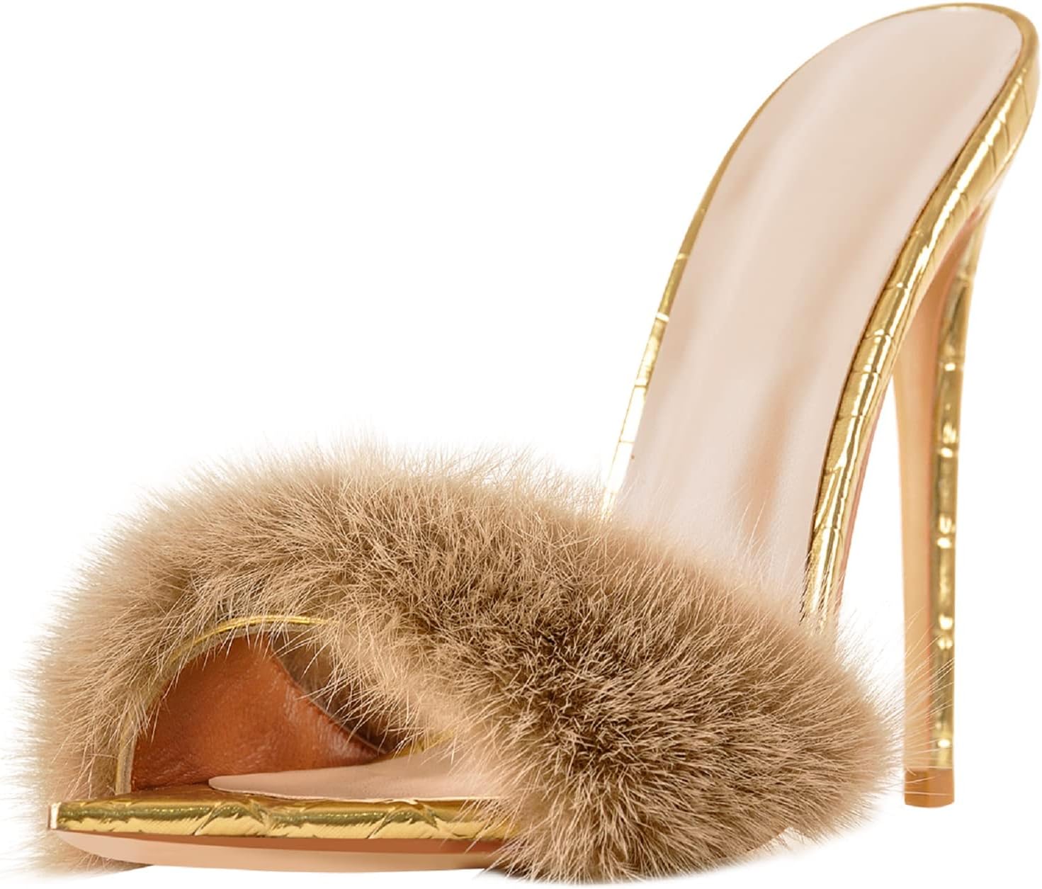 Richealnana Women's Fur Fuzzy Sexy High Heels for Women Stiletto High Heels Mules Sandals - Image 5