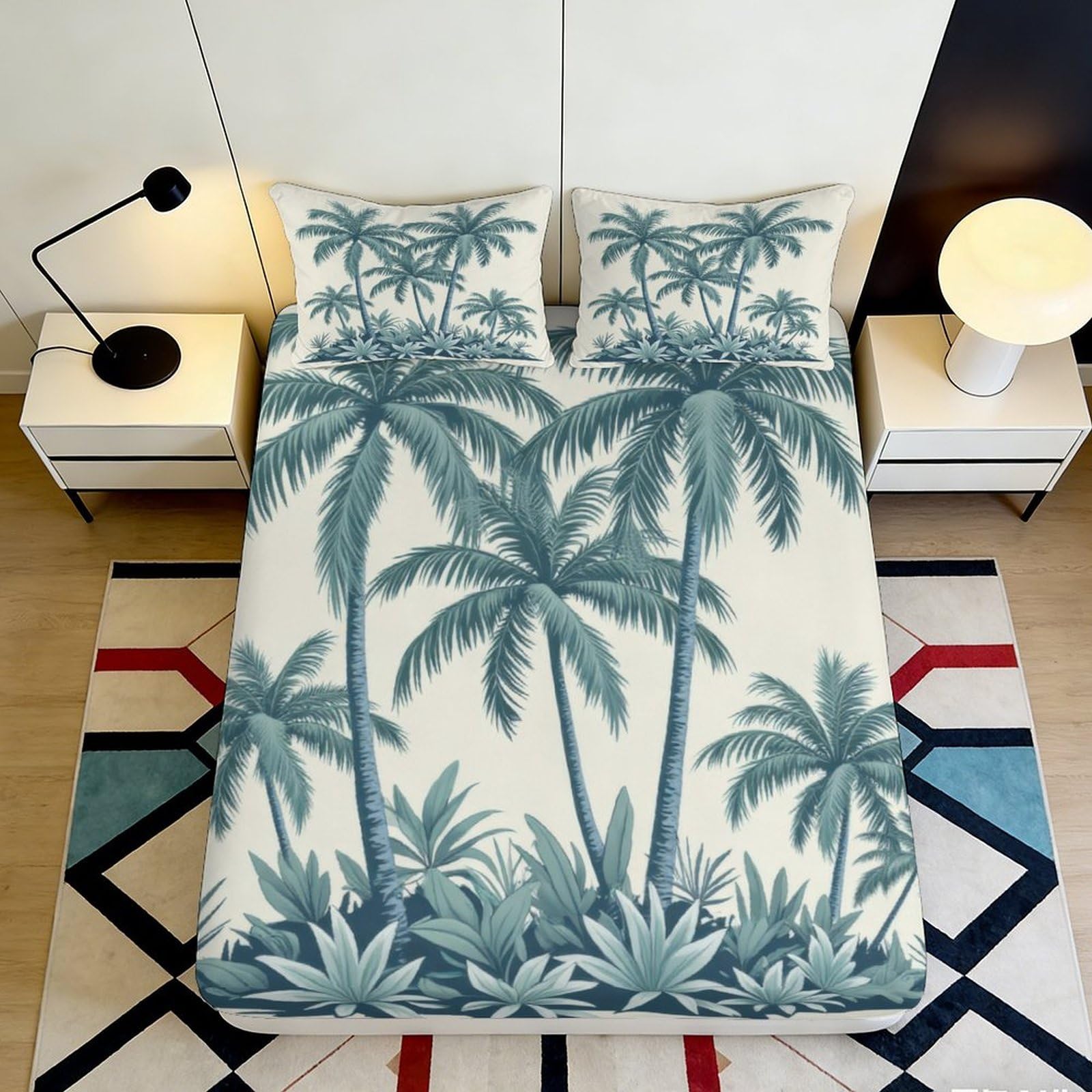 3D Printed Palm Tree Fitted Sheet Microfiber Slip-Resistant Tropical Forest Bed Cover for Bedroom Dorm Decor 90x200x25cm
