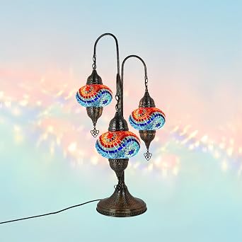 Turkish Mosaic Bedside Lamp 3-Globe Tree Design | Exquisite Moroccan & Turkish Lamps | Vintage Desk & Unique Table Lamp Assortment for Home Decor Blue Orange