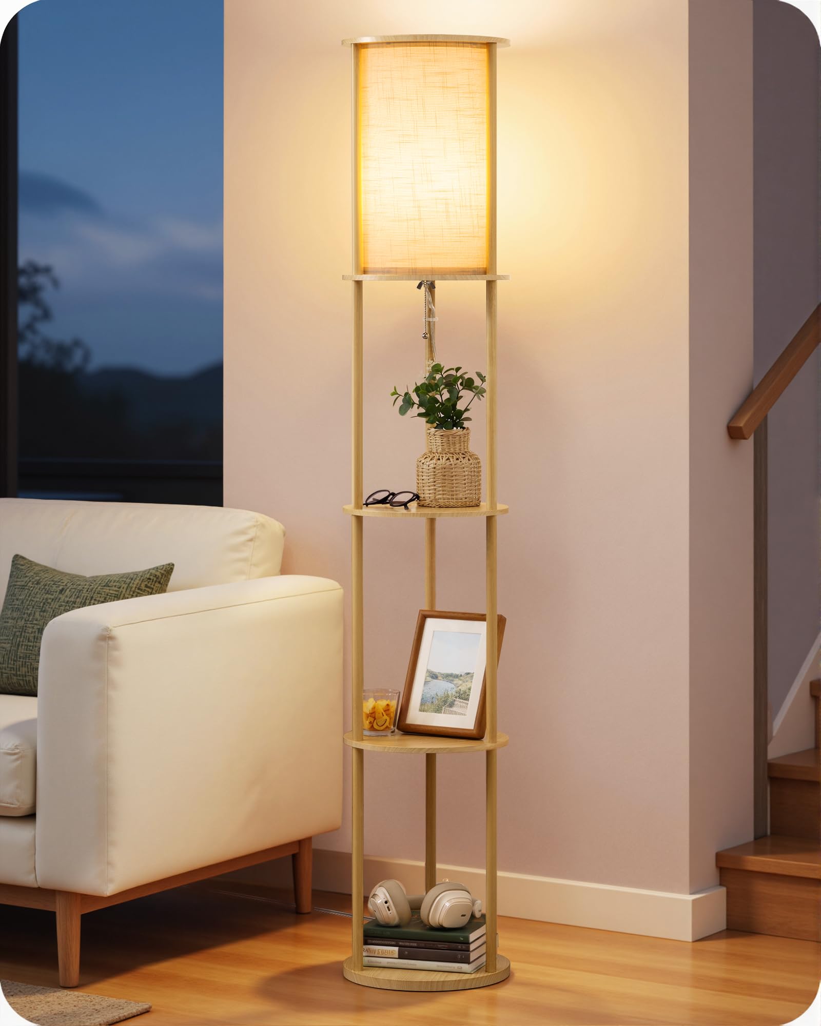 EDISHINE Lampada da Terra con Mensole, Paralume in Lino e Struttura in Metallo Effetto Legno, Attacco E27, Lampada LED con 3 Ripiani Rotondi per Soggiorno, Camera da Letto, Inclusa LED 9W 2700K