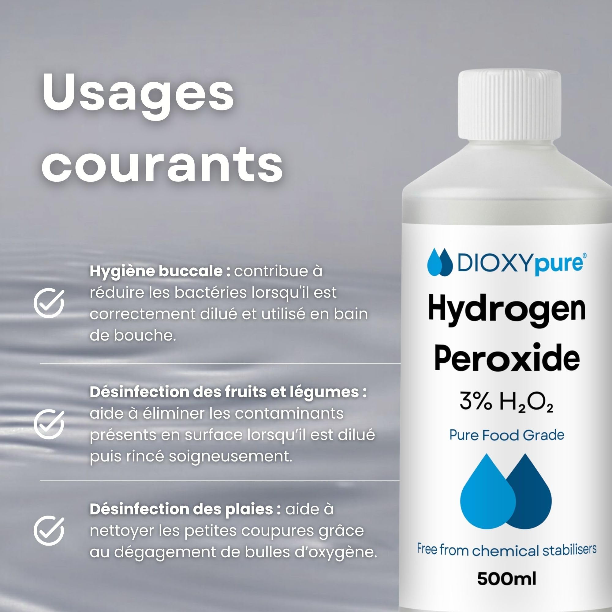 Lot de 2 - Peroxyde d'hydrogène de qualité alimentaire 3% - 500 ml - H2O2 - Eau oxygénée - Sans stabilisateurs ni additifs - Nettoyant naturel multi-usage - Bouchon sécurité enfant