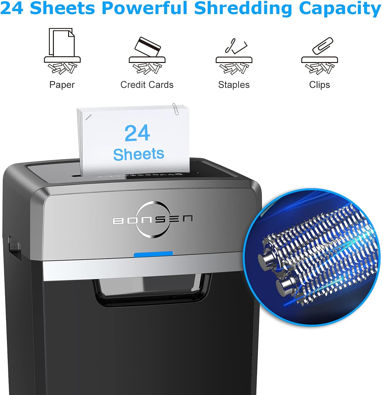 BONSEN Heavy Duty Paper Shredder, 24-Sheet Cross-Cut Shredder, 40-Min Continuous Running Time, Commercial Grade Shredder for Office, 7.9-Gallon Big Basket, 58dB Super Quiet, P-4 High Security (S3105) : Office Products