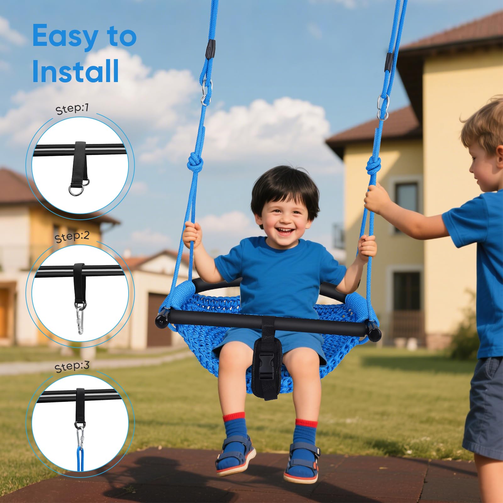 Columpio infantil 3 en 1 para exteriores, tejido a mano, cómodo y transpirable, columpio de altura ajustable para exterior, interior, jardín, parque infantil, capacidad de carga máxima 150 kg