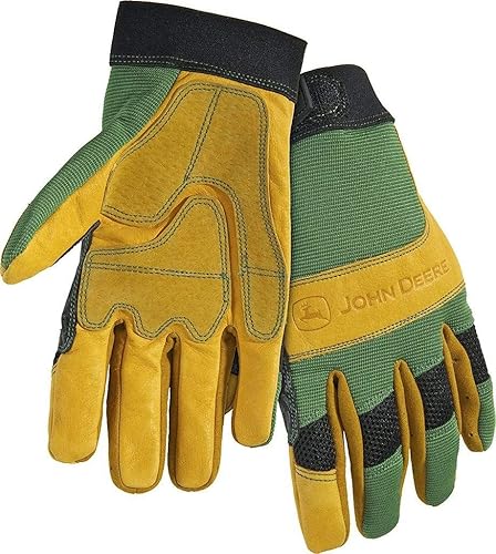 John Deere JD00009 Guantes de cuero, palma de cuero de vaca de grano, espalda de elastano, muñeca de gancho y bucle