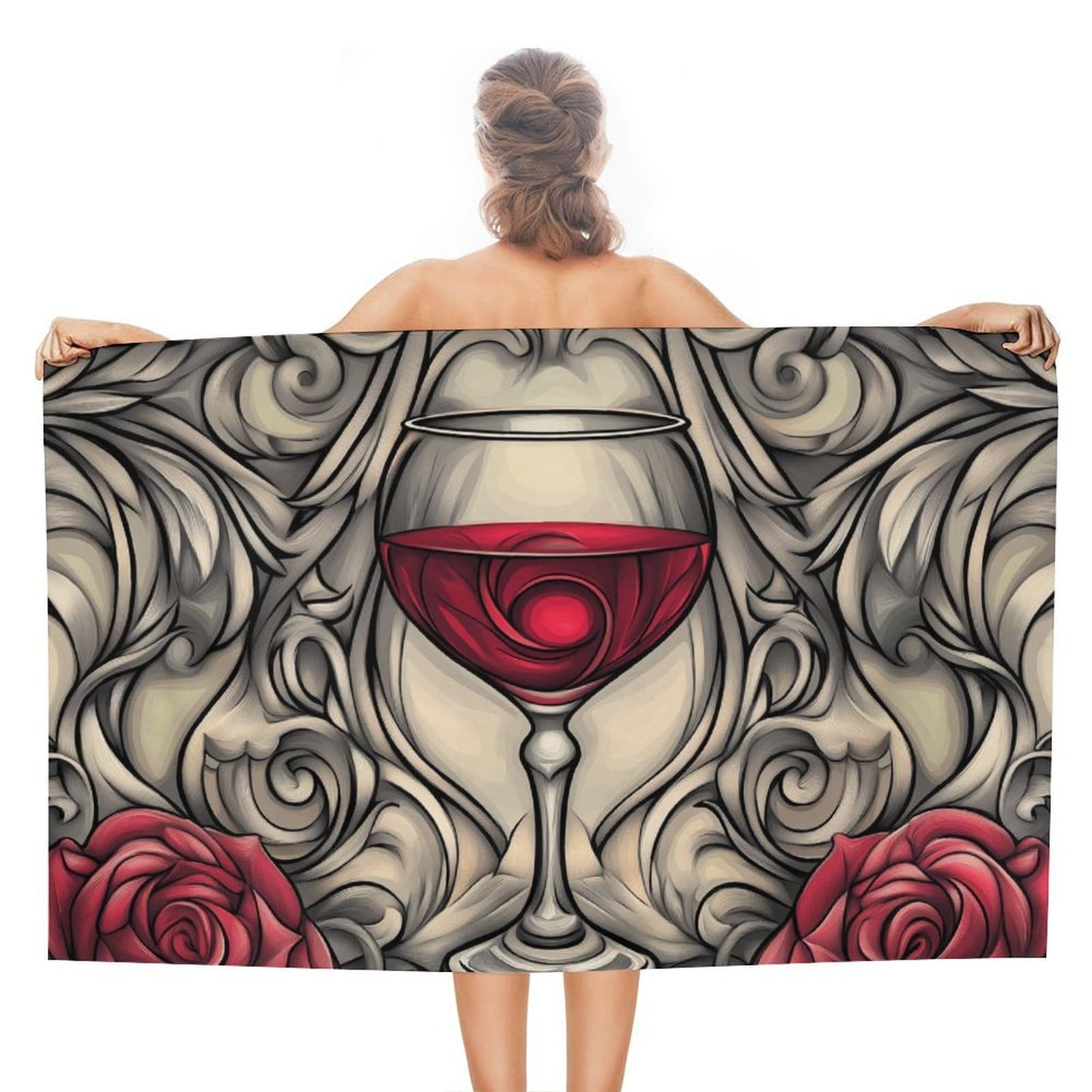 LSRCPD Rose And Red Wine Glass Beach Towel Sand Free Microfiber Large Shower Towels Multipurpose Absorbent for Bathroom Pool 130x80 CM