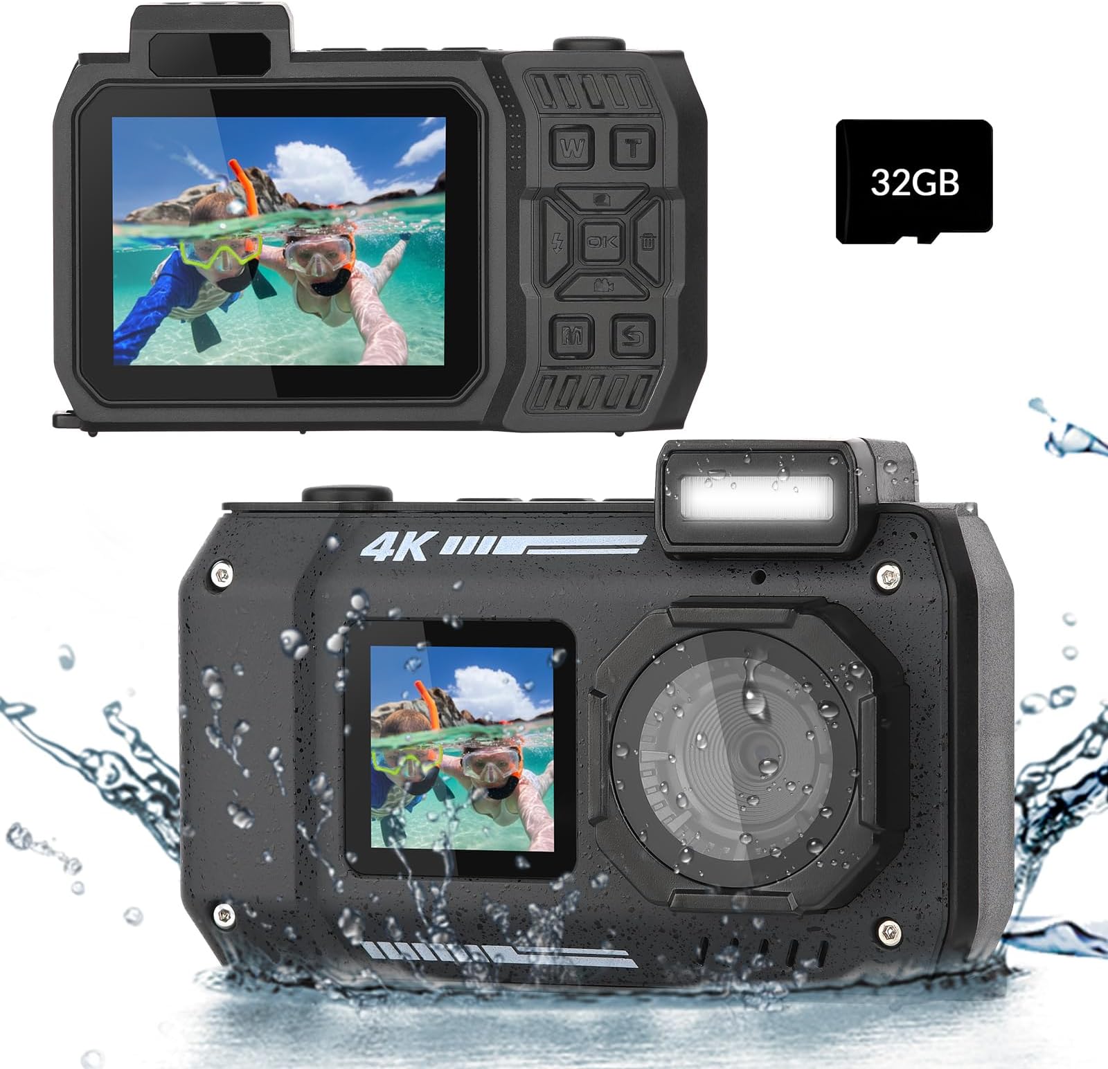 4K Underwater Camera 33 FT Waterproof Camera with Dual Screens Selfie Digital Camera Built-in 2500 mAh Battery 48MP Autofocus Waterproof Digital Camera for Snorkeling with 32 GB Card,18x Zoom,Black
