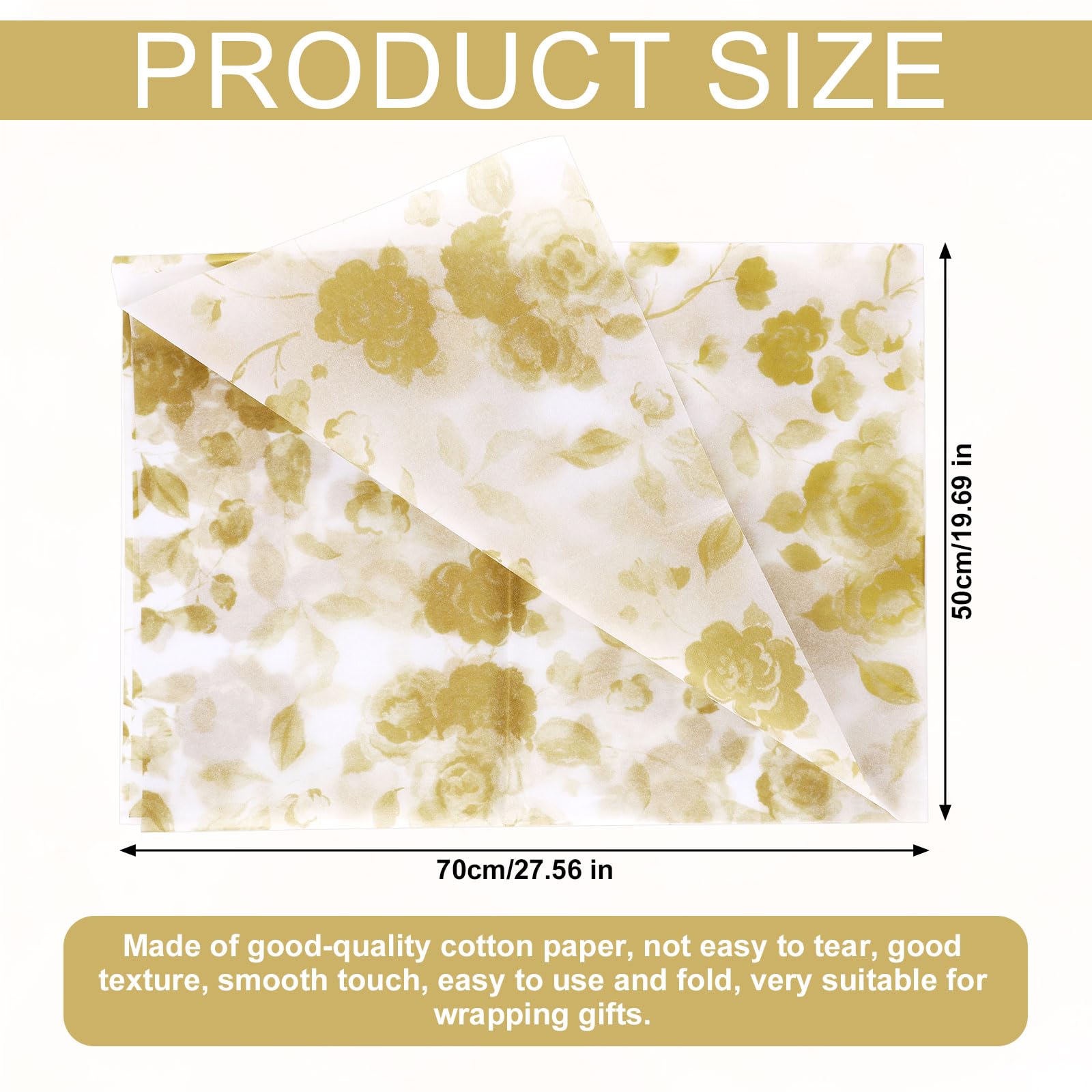 30 Feuilles Papier De Soie Floral Or – 70x50 Cm – Papier Cadeau Luxe Pour Mariage, Anniversaire, Noël, Fête