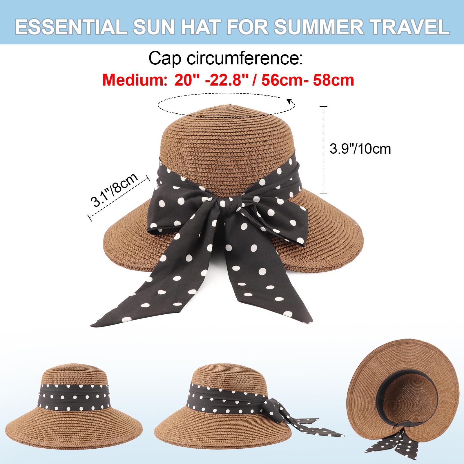AQOKKA Chapeau de soleil en paille à large bord avec nœud papillon pour femme - Chapeau de plage pliable pour l'été - UPF 50+