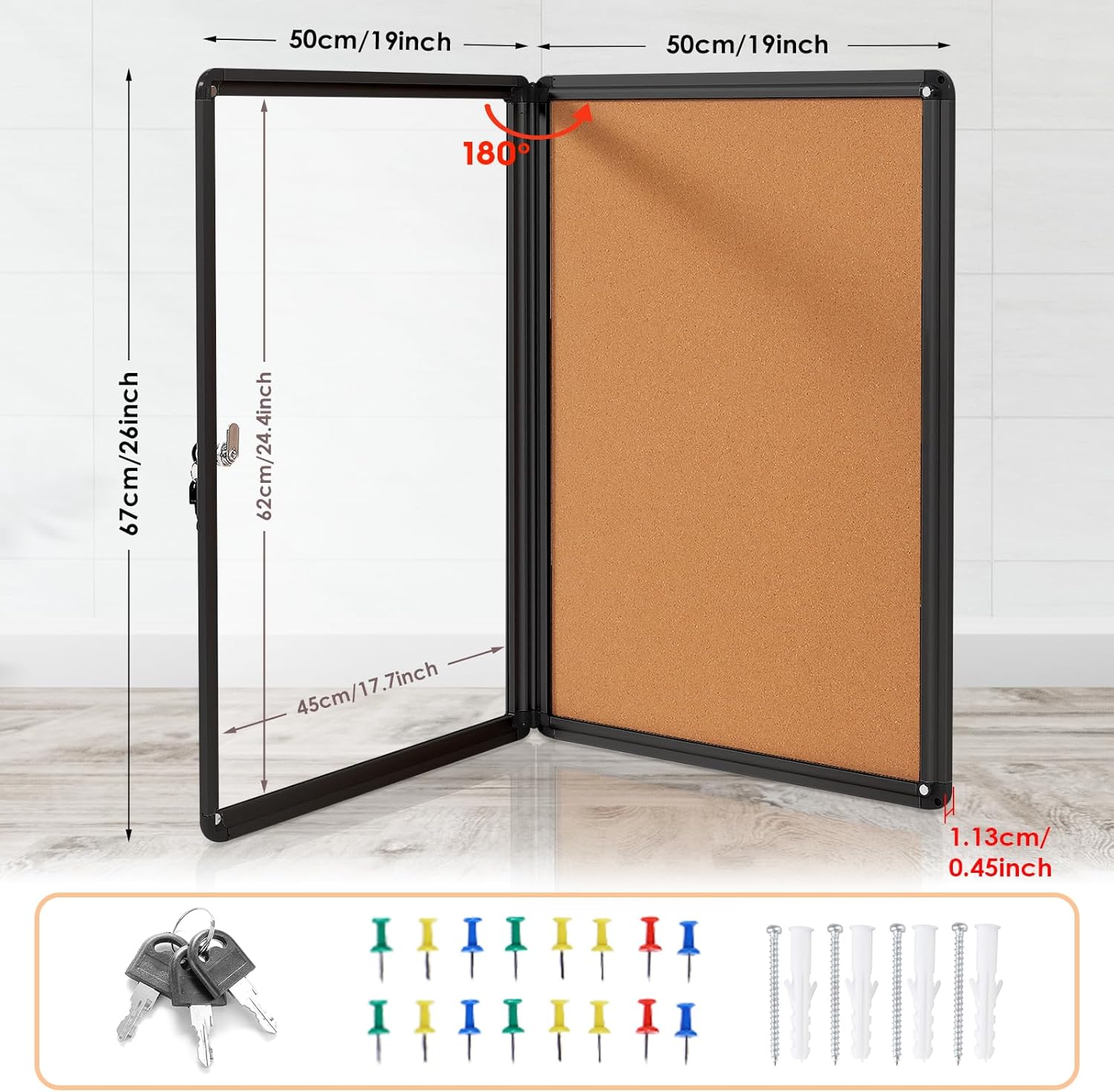 Enclosed Bulletin Board Cork Board 26x20 in, Lockable Wall Display Case with Locking Door for Office School Home Commercial, Tamperproof and Shatter Resistant, Black Aluminum Frame (4xA4)