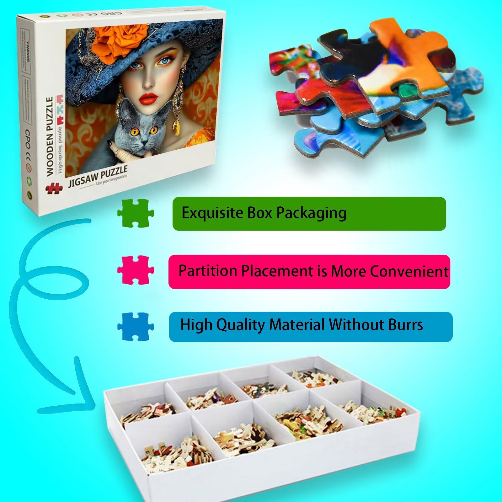 Puzzle z kotem, 1500 elementów, trudne puzzle, drewniane puzzle dla całej rodziny, zestaw "zrób to sam", dla dorosłych, nadają się jako dekoracja ścienna i prezenty dla kobiet, temat: piękno 8p-528