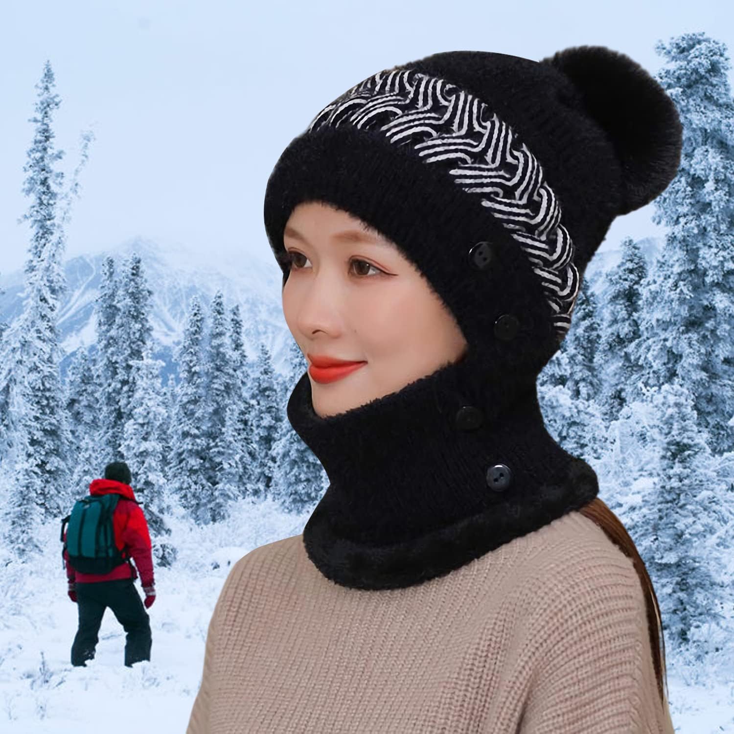 Women Winter Beanie Hats One-Piece Fleece Lined Knit Balaclavas Mask Set Skull Neck Circle Scarf Ski Snow Hat Cap with Pompom - Image 8