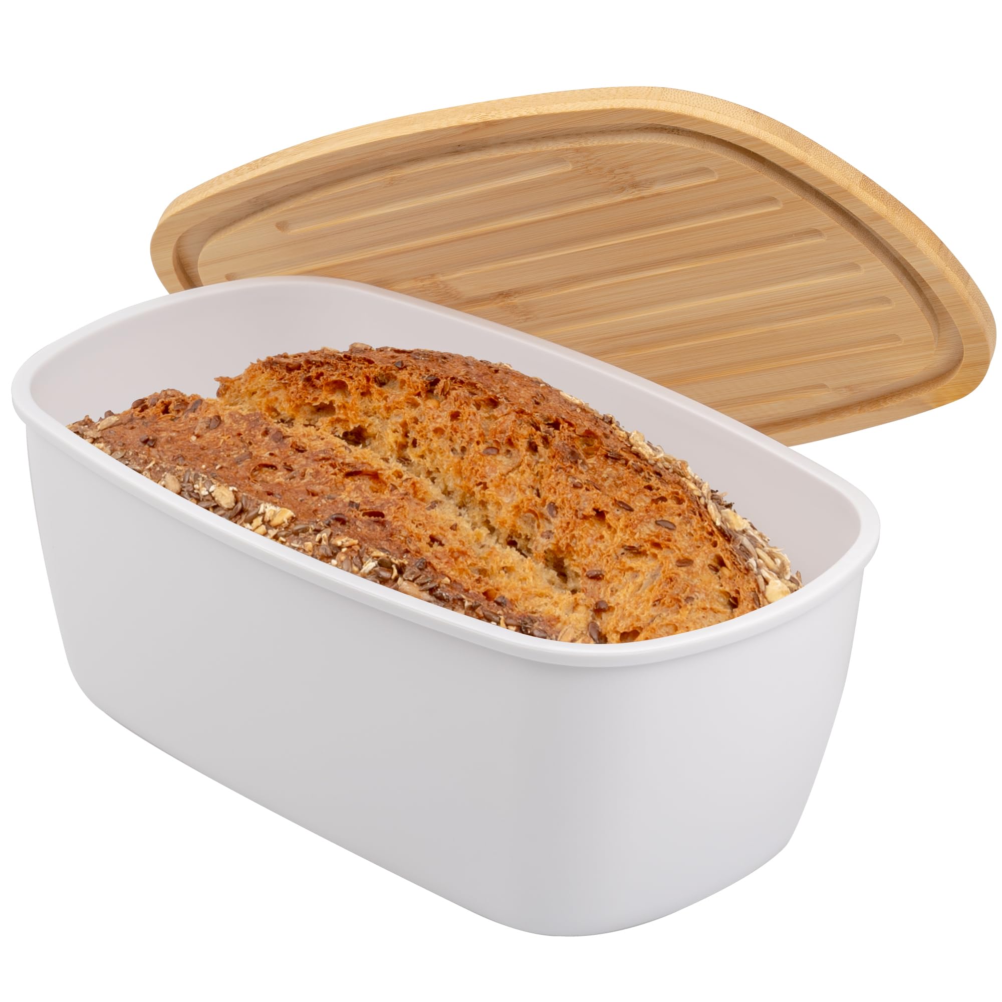 Bremermann White Oval Bread Bin With Bamboo Lid, Bread Box With Chopping Board, Bread Bin (White)