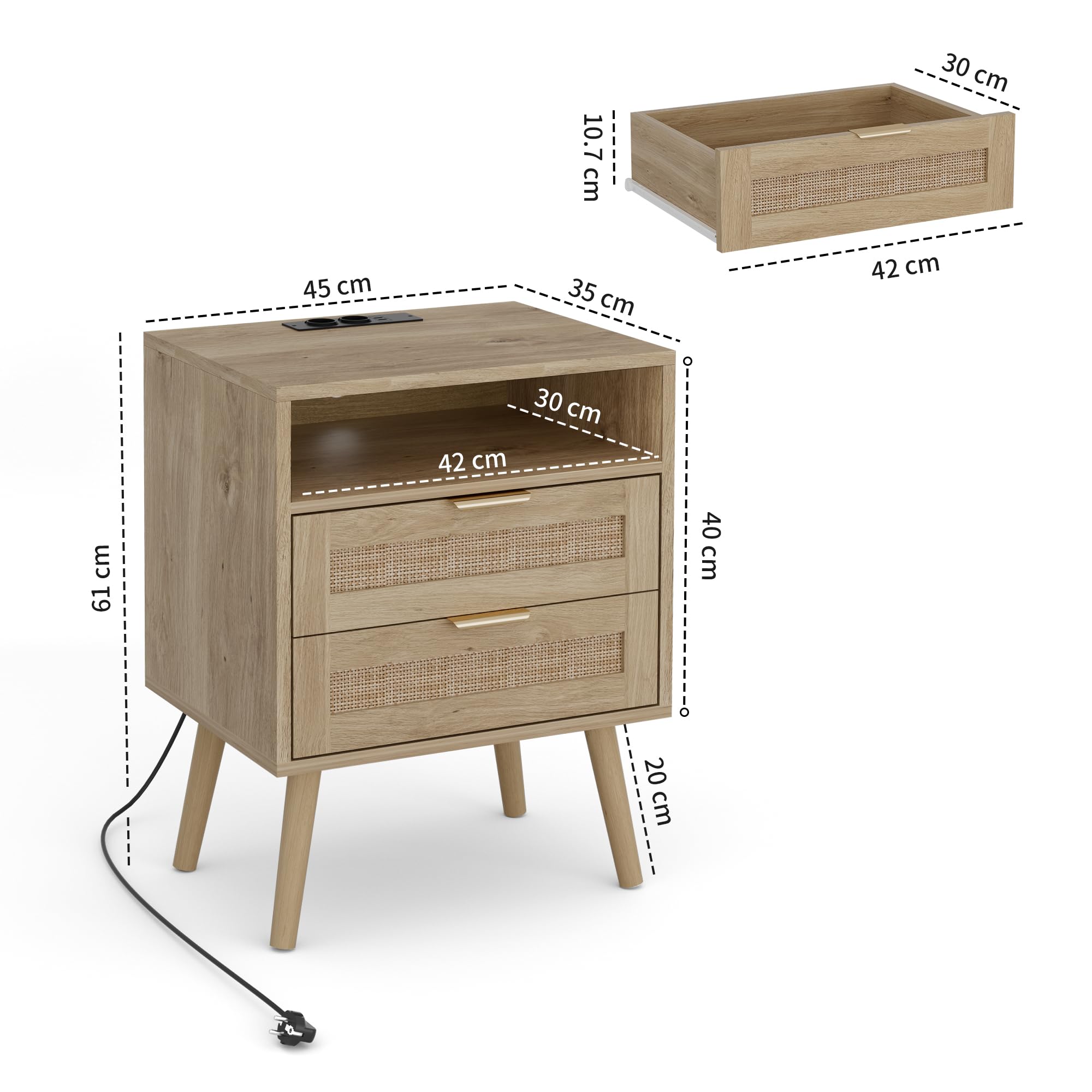 BonVache Table de Chevet Lot de 2 avec Lumière Réglable, Table de Nuit, Prise intégrée et Ports USB-A & C, Compartiment Ouvert et 2 Tiroirs en Cannage, Pieds en Bois Massif, Rotin Naturel