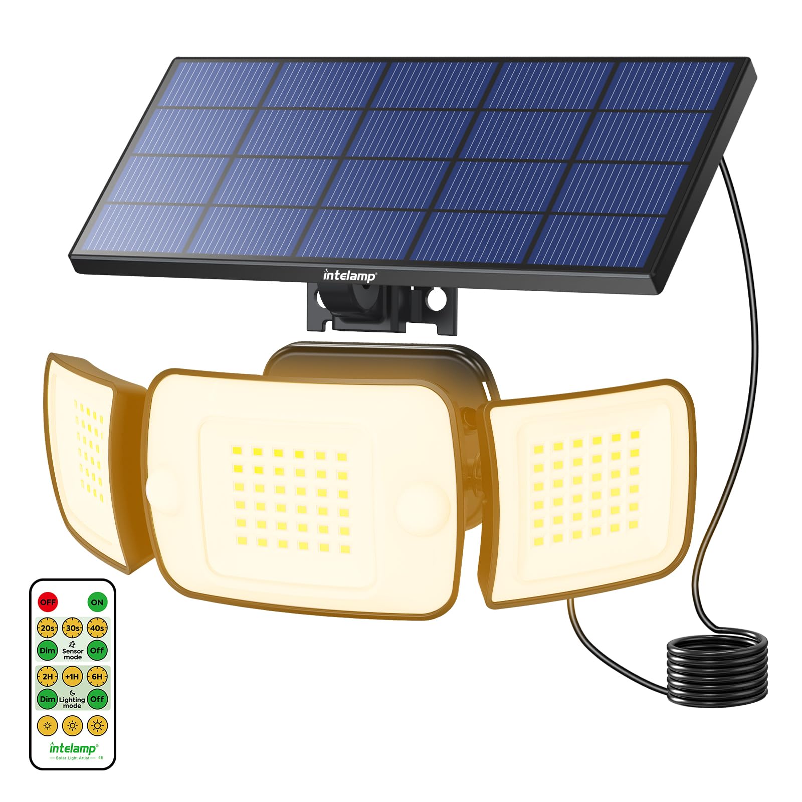 INTELAMP Proiettore Solare con Rilevatore di Movimento e Telecomando, Lampada Solare ad Alta Luminosità 6000mAh 1200LM, 4 Modalità, Angolo di 270°, Luci Solari a Luce Calda 3000K, Lampade Solari per