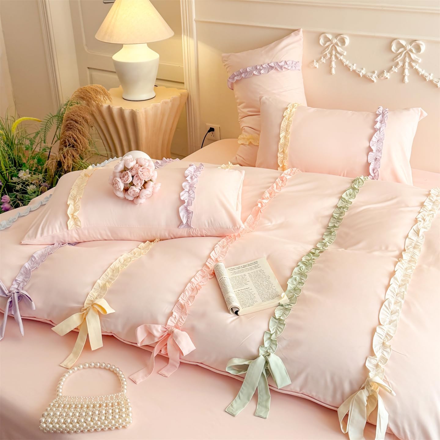 Colorful Striped Ruffled Bedding with Cute Bow,Chic Ruffle Romantic Queen Duvet, Coquette Aesthetic Style 3 piece Duvet Cover Set-1Queen Duvet Cover with 2 Pillowcases, No Comforter